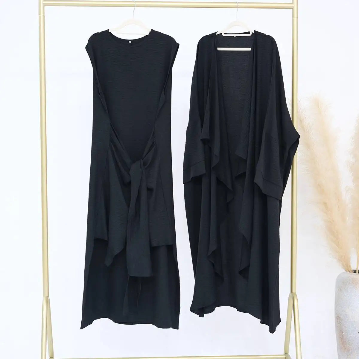 2-Piece Wrinkle-Free Open Abaya Dress Set with Inner Sleeveless Dress - Modest Muslim Fashion for Prayer, Eid, and Special Occasions