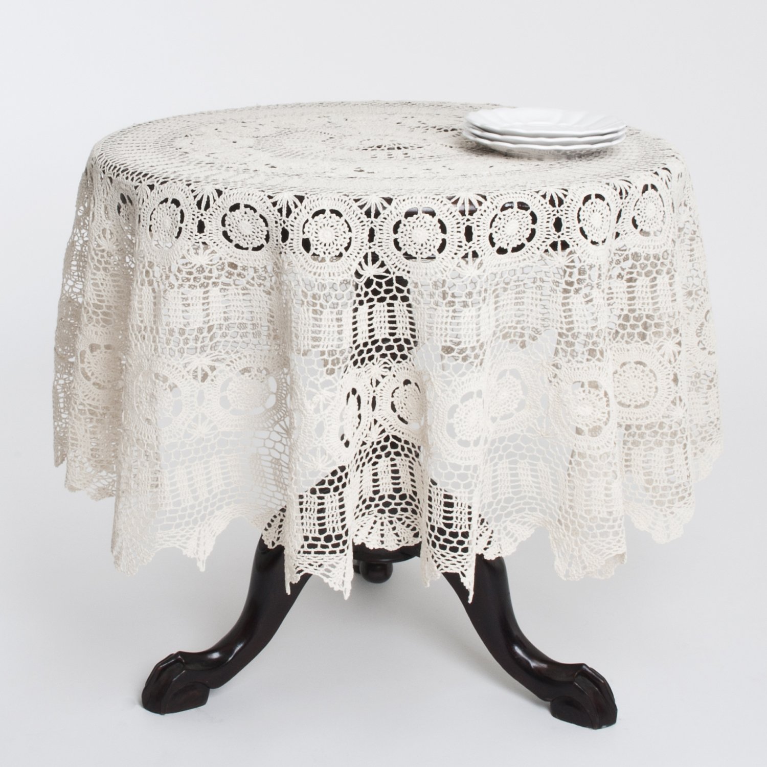 Handmade Crochet Lace Cotton Tablecloth 90 Inch Round - Elegant Ecru Table Cover for Dining Room, Wedding, Party Decor & Special Occasions