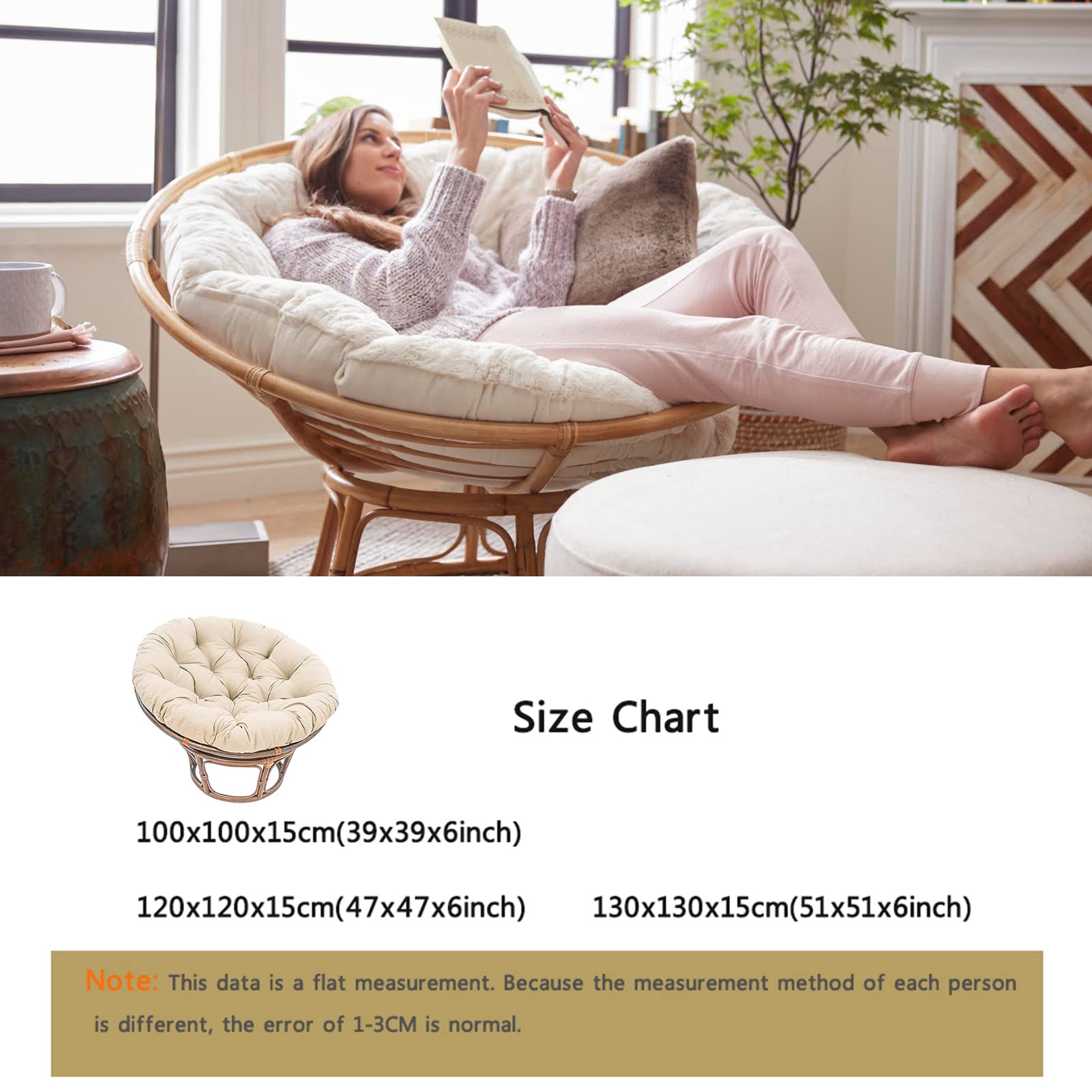Soft Fluffy Papasan Chair Cushion - 130x130cm White Overstuffed Egg Shaped Hammock Swing Seat Pad for Indoor & Outdoor Use - Perfect for Home, Garden, Patio, and Relaxation