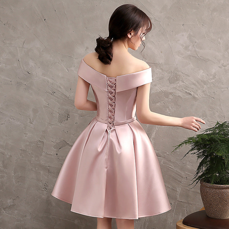 Elegant Off Shoulder Pink Satin Homecoming Dress - Short Bridesmaid Dress for Prom, Party & Special Occasions - Style 552