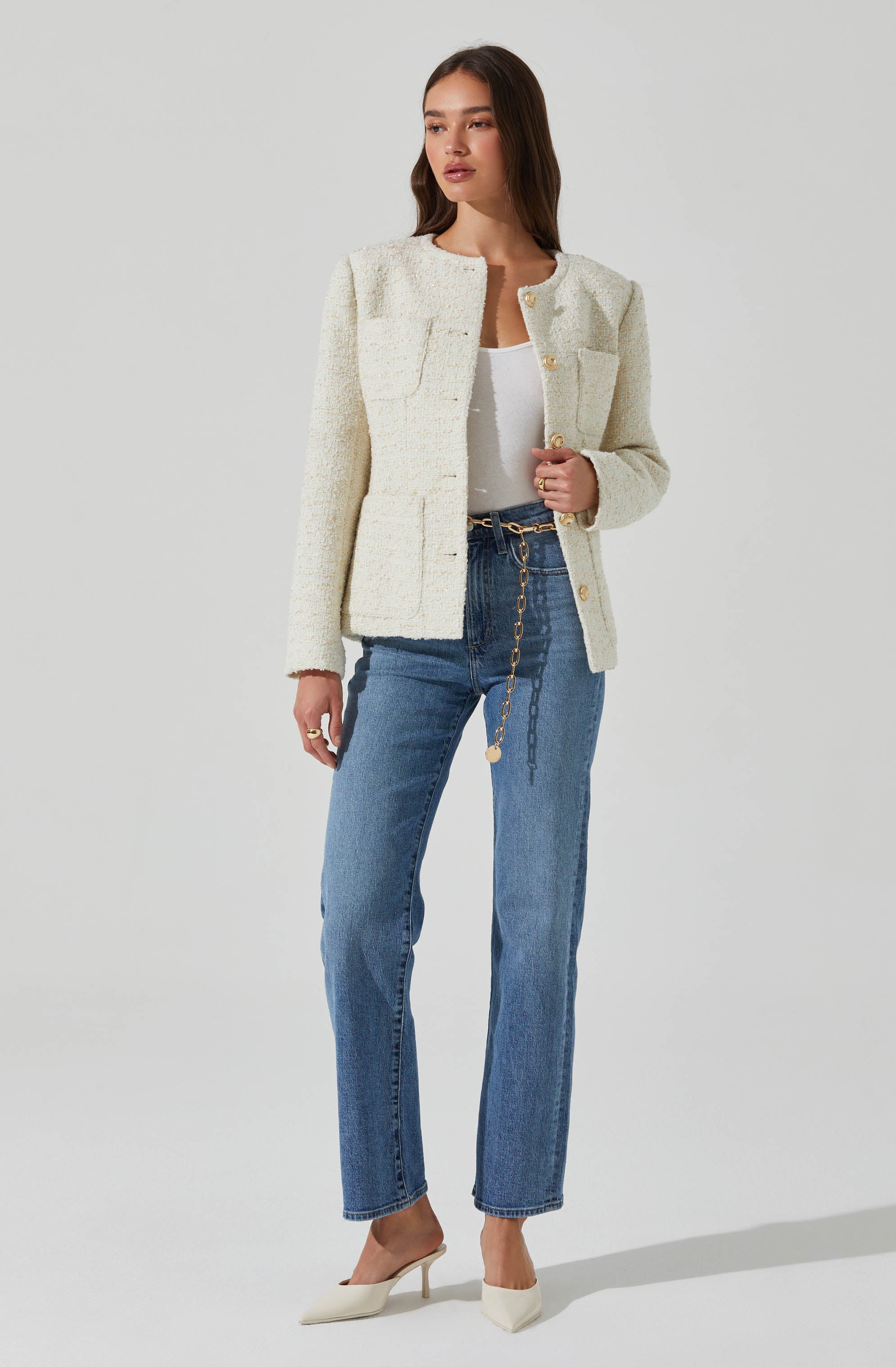 Stylish Sarae Collarless Tweed Jacket for Women - Classic Vintage Blazer for Office, Dating & Fall Outfits