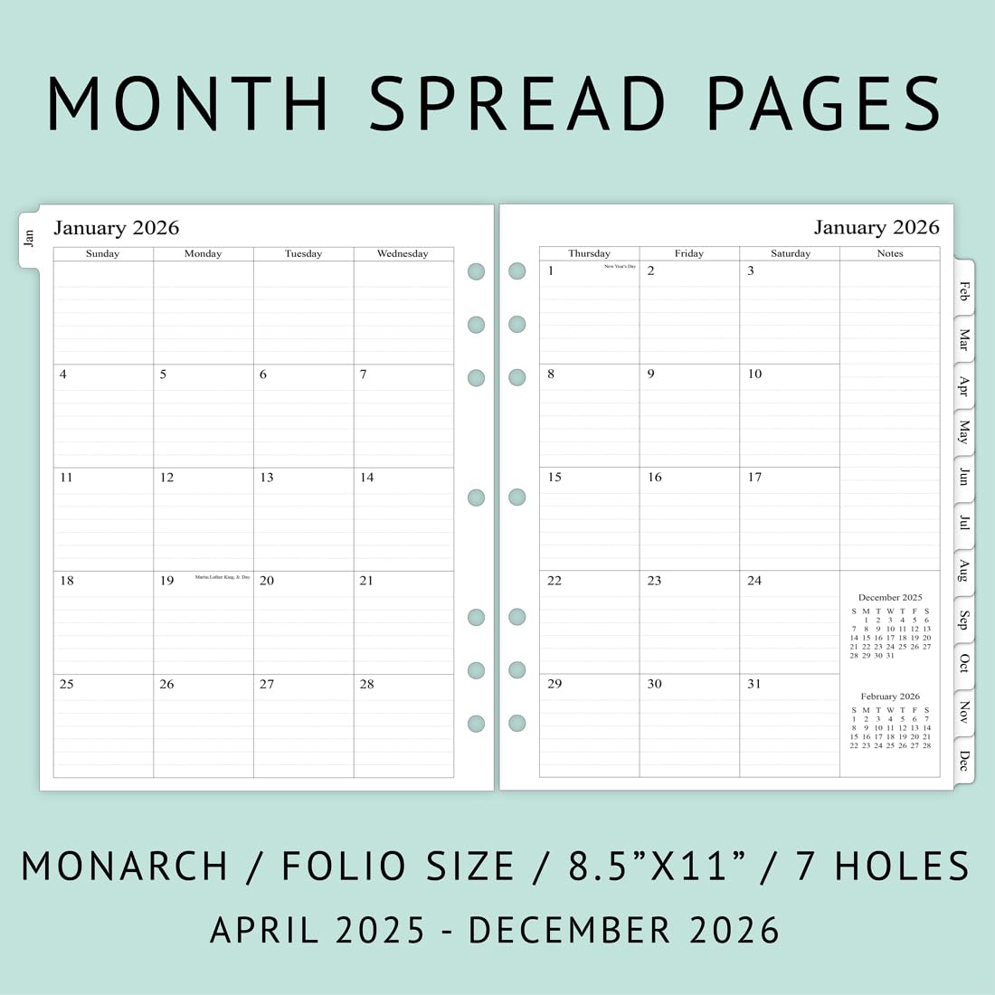 Newestor 2025-2026 Monthly Planner Refill for 3 Ring Binder - Apr 2025 to Dec 2026 Calendar with Two Pages Per Month, 8.5