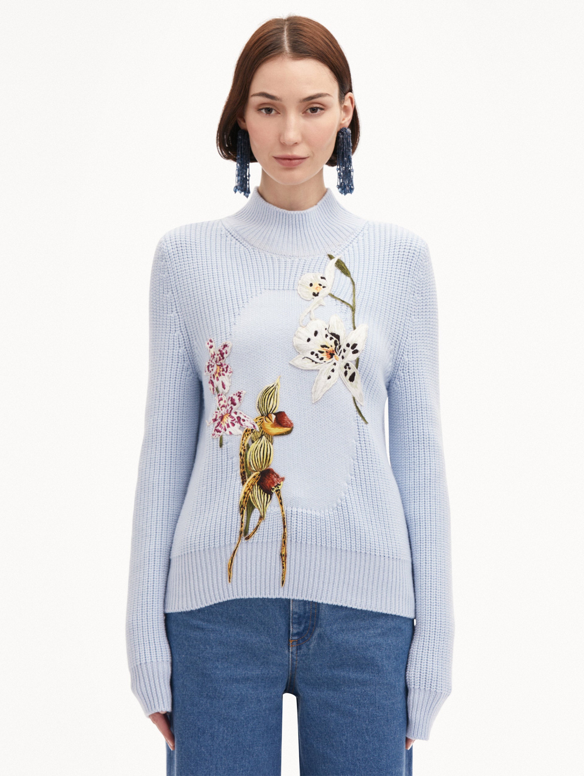 Orchid Embroidered Portrait Pullover Sweater - Elegant Floral Embroidered Women's Casual Knit Top for Fall & Winter | Perfect for Office Wear, Date Nights & Special Occasions