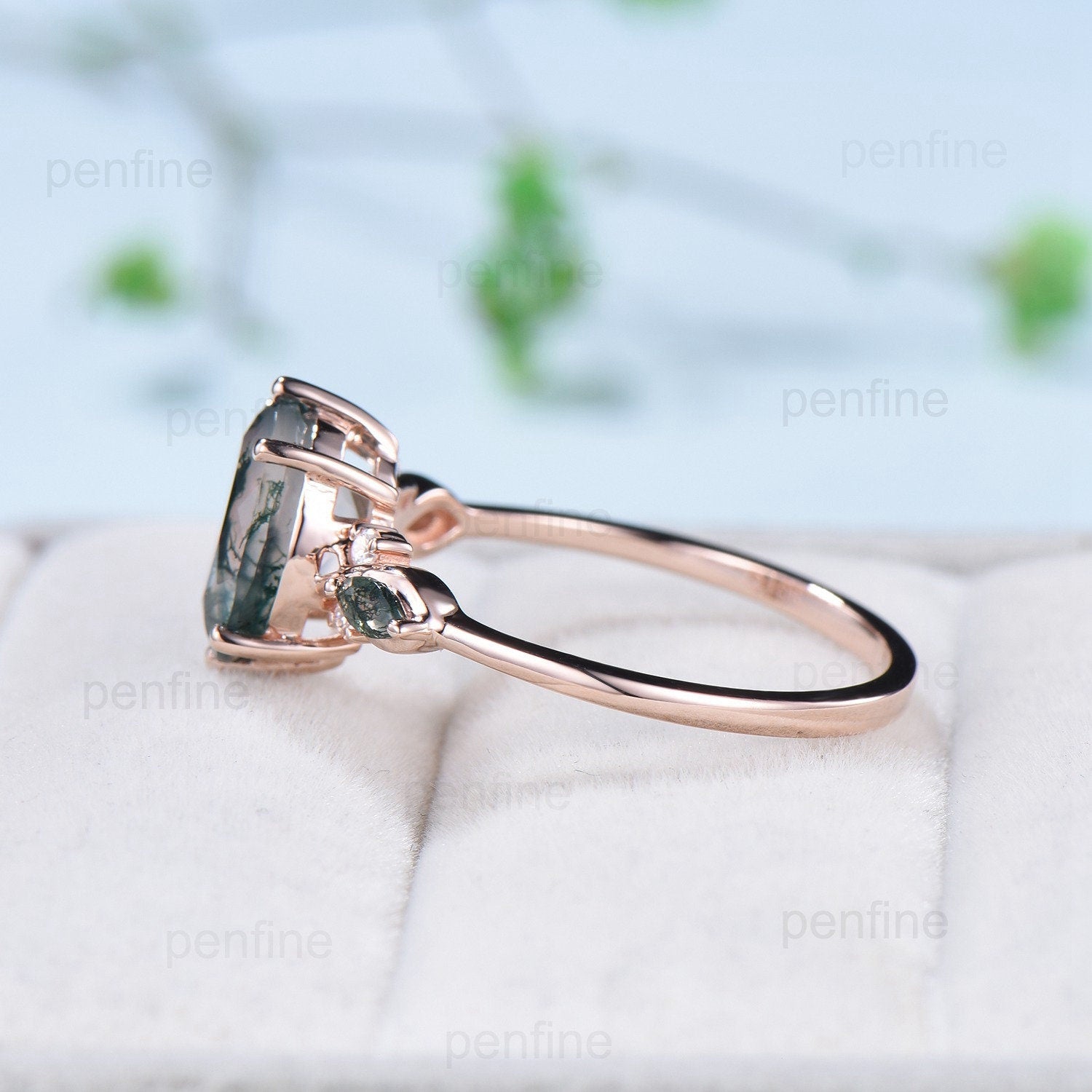 8x10mm Oval Cut Moss Agate Ring - 3 Carat Six Prong Green Agate Vintage Ring in 14K Rose Gold - Marquise Agate Wedding & Anniversary Ring for Women - Perfect for Bridal, Engagement, Gift & Special Occasions