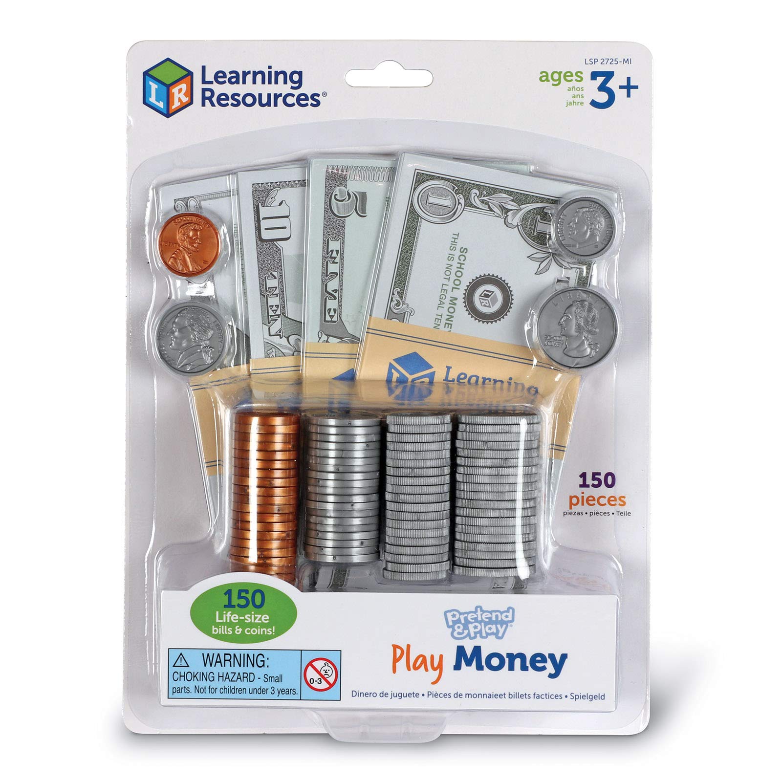 Learning Resources Pretend & Play Play Money - 150 Piece Set of Realistic Fake Bills & Coins for Kids | Pretend Shopping, Math Games & Classroom Activities