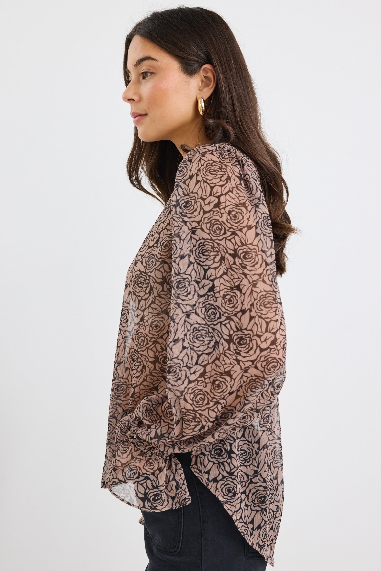 Black Taupe Roses Georgette Blouson Sleeve Long Sleeve Top for Women | Elegant Floral Blouse for Office, Date Night & Special Occasions
