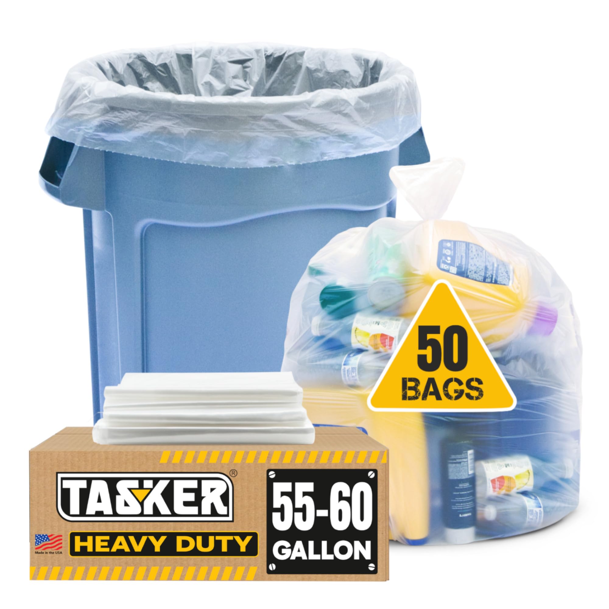 55 Gallon Clear Trash Bags with Drawstring Ties - Heavy Duty Large Plastic Recycling Garbage Bags (50 Count) - Perfect for Home, Office, and Commercial Waste Disposal
