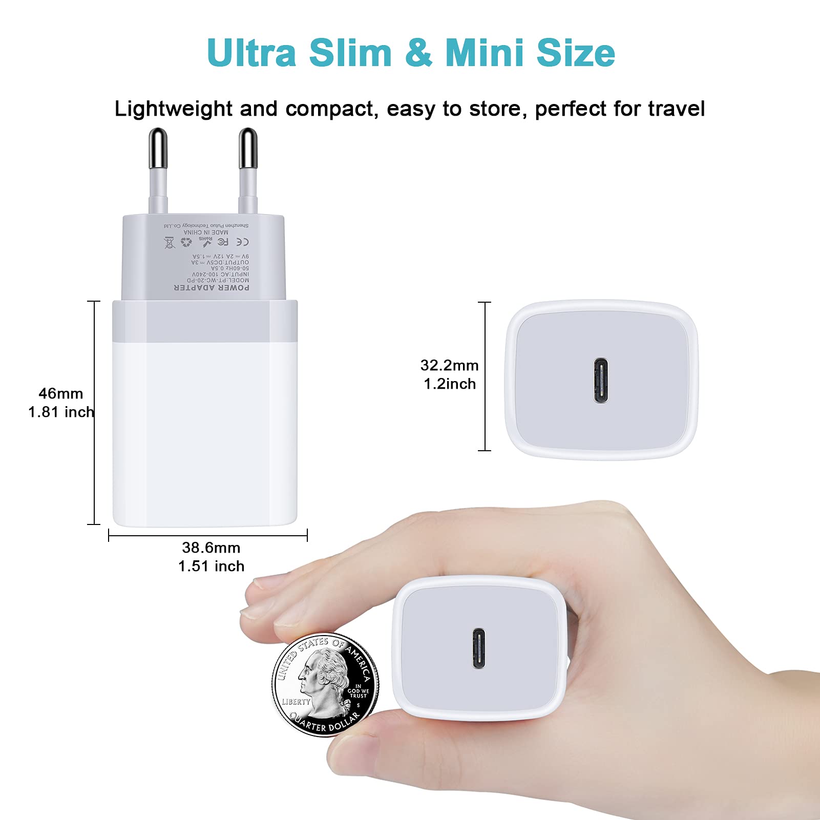20W Fast Charging USB C Adapter with European Plug - 2 Pack Travel Power Adapter for iPhone 16/15/14/13/12/11 Pro Max/XS/XR/X/8, Samsung Galaxy S24/S23/A15, iPad & Google Pixel - Perfect for European Travel & Business Trips