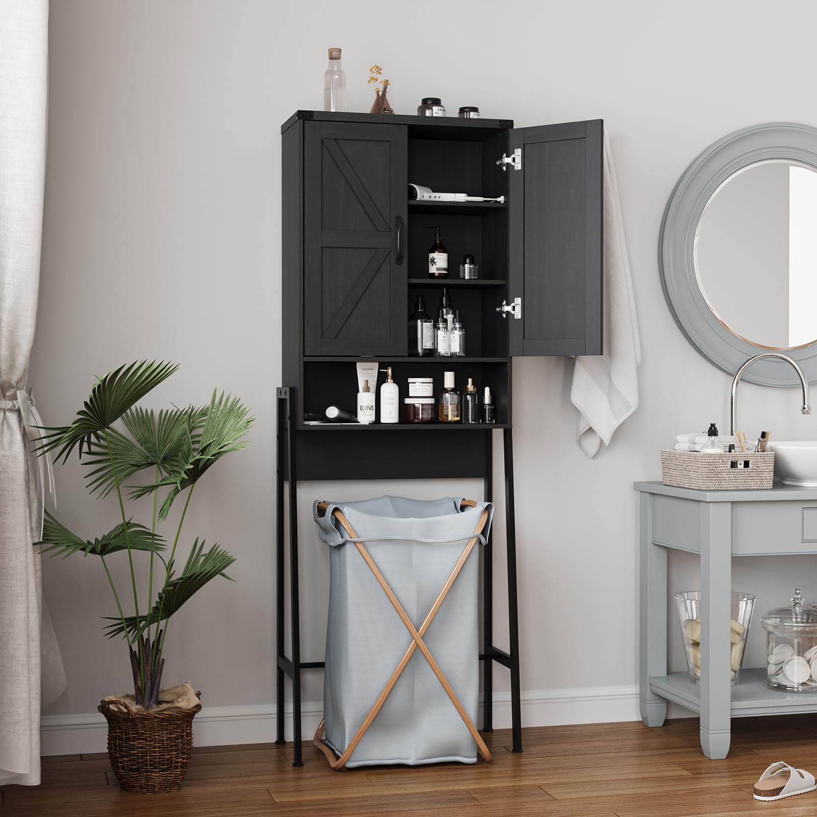 Over The Toilet Storage Cabinet with 2 Doors - Bathroom Organizer with Shelves & Anti-Tip Device - Space Saving Storage for Bathroom, Restroom & Laundry - Perfect for Small Spaces & Apartment Living (Black)