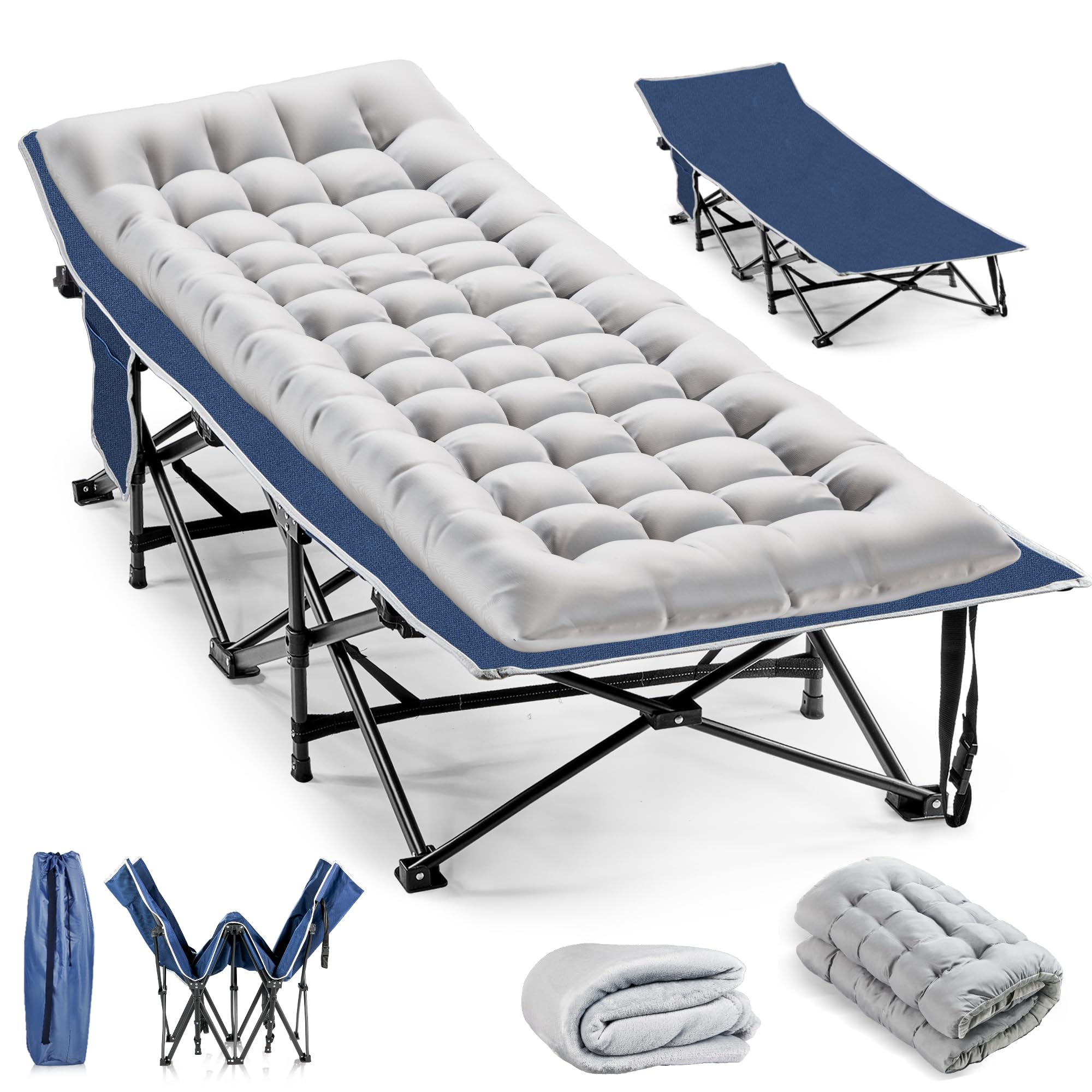 Heavy Duty Camping Cot for Adults with Mattress & Blanket - Portable Folding Sleeping Cot for Outdoor Camping, Hiking, Backpacking & Emergency Preparedness