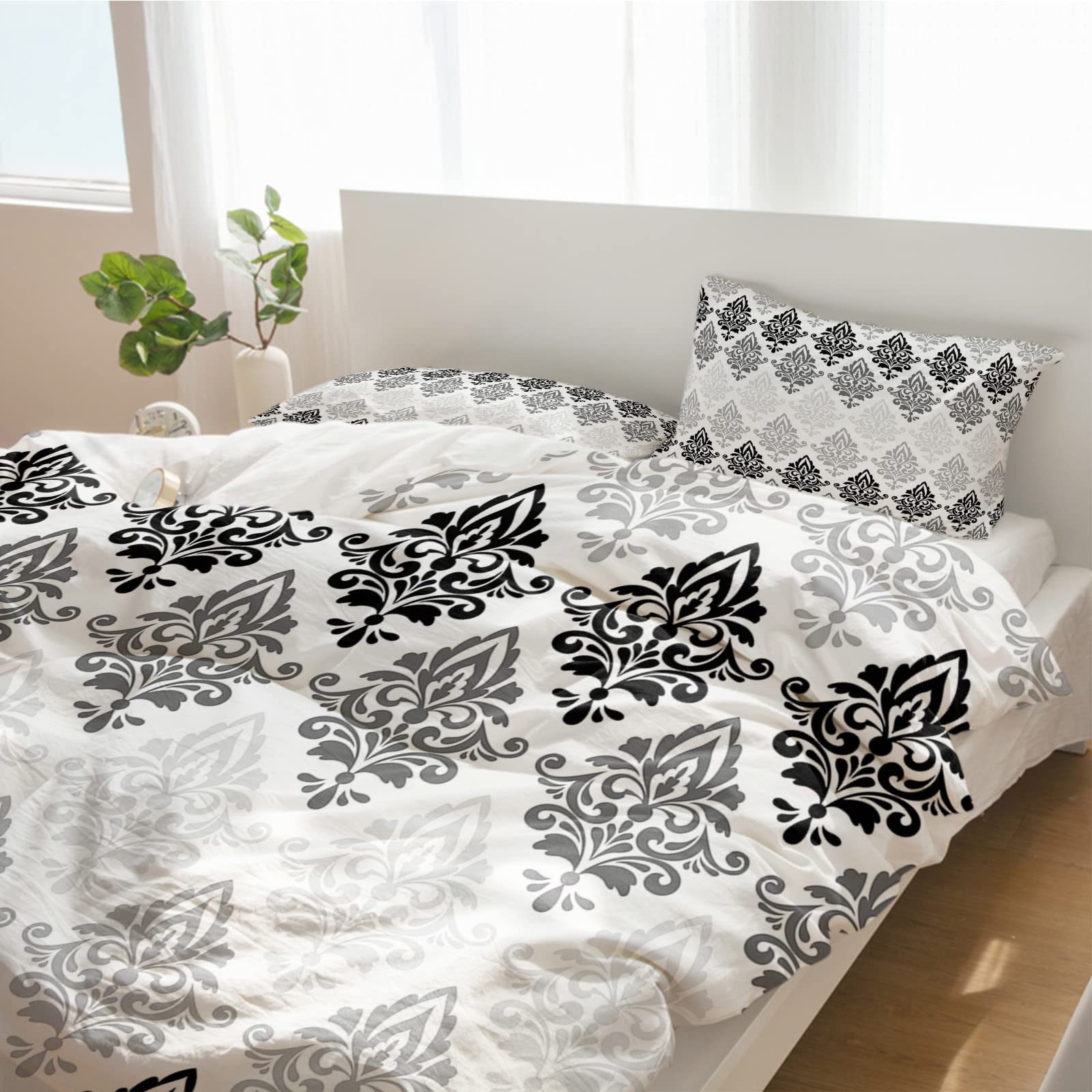 California King Duvet Cover Set 3-Piece - Black Floral Tile Texture Luxury Printed Comforter Cover with 2 Pillow Shams - Soft Gradient Bedding for Master Bedroom Decor | Perfect for Modern Home, Guest Room & Hotel Style Bedding