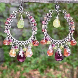 Multi-Color Garnet Chandelier Hoop Earrings | Oxidized Sterling Silver Jewelry | Perfect for Parties, Weddings & Evening Events