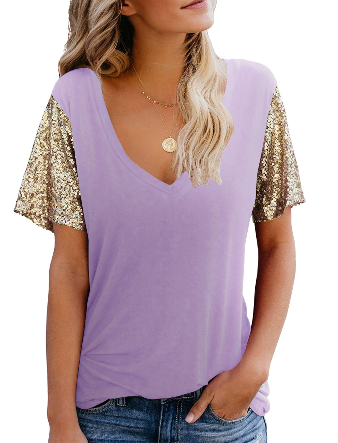 Topstype Women's Sequin Short Sleeve V-Neck T-Shirt - Glitter Sparkle Loose Blouse for Party, Night Out & Casual Wear