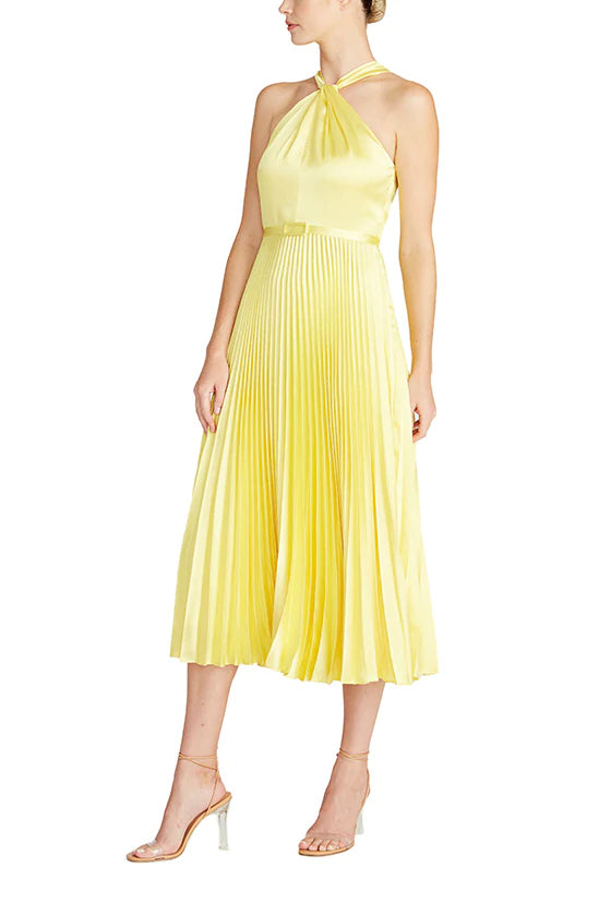Elegant Satin Midi Dress with Crossover Neckline in Lemon Yellow - Perfect for Cocktail Parties, Date Nights & Summer Weddings