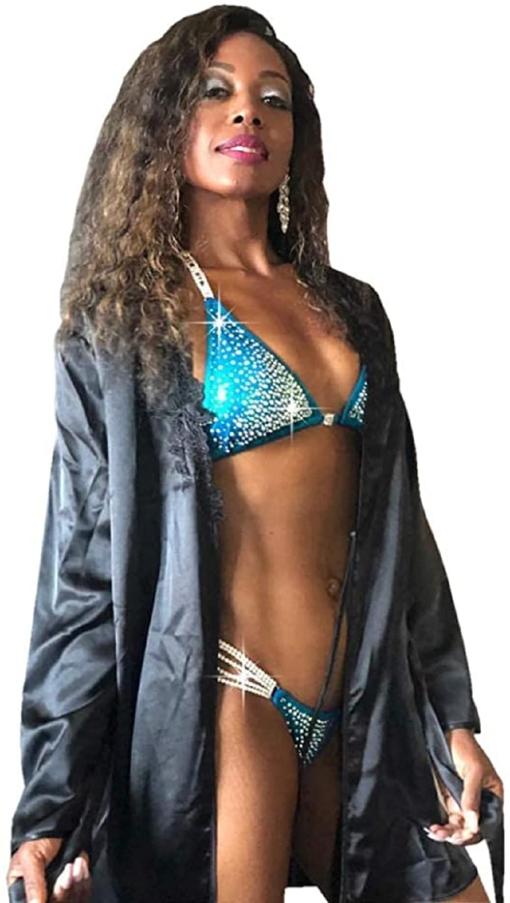 Competition Bikini Suit - Crystal Rhinestone NPC Bikini for Bodybuilding & Fitness Shows - Teal Green Swimsuit (Medium Hips 34.5