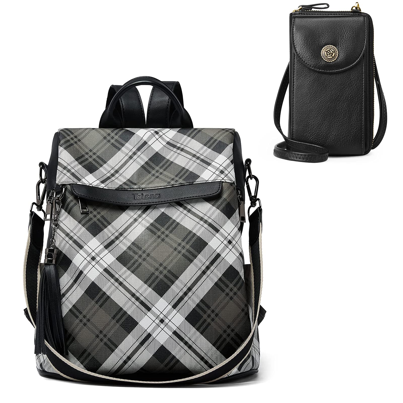 Telena Anti-Theft Travel Backpack & Crossbody Bag Set for Women - Large Shoulder Bag & Small Phone Purse Wallet (Black) - Perfect for Commuting, Shopping & Travel