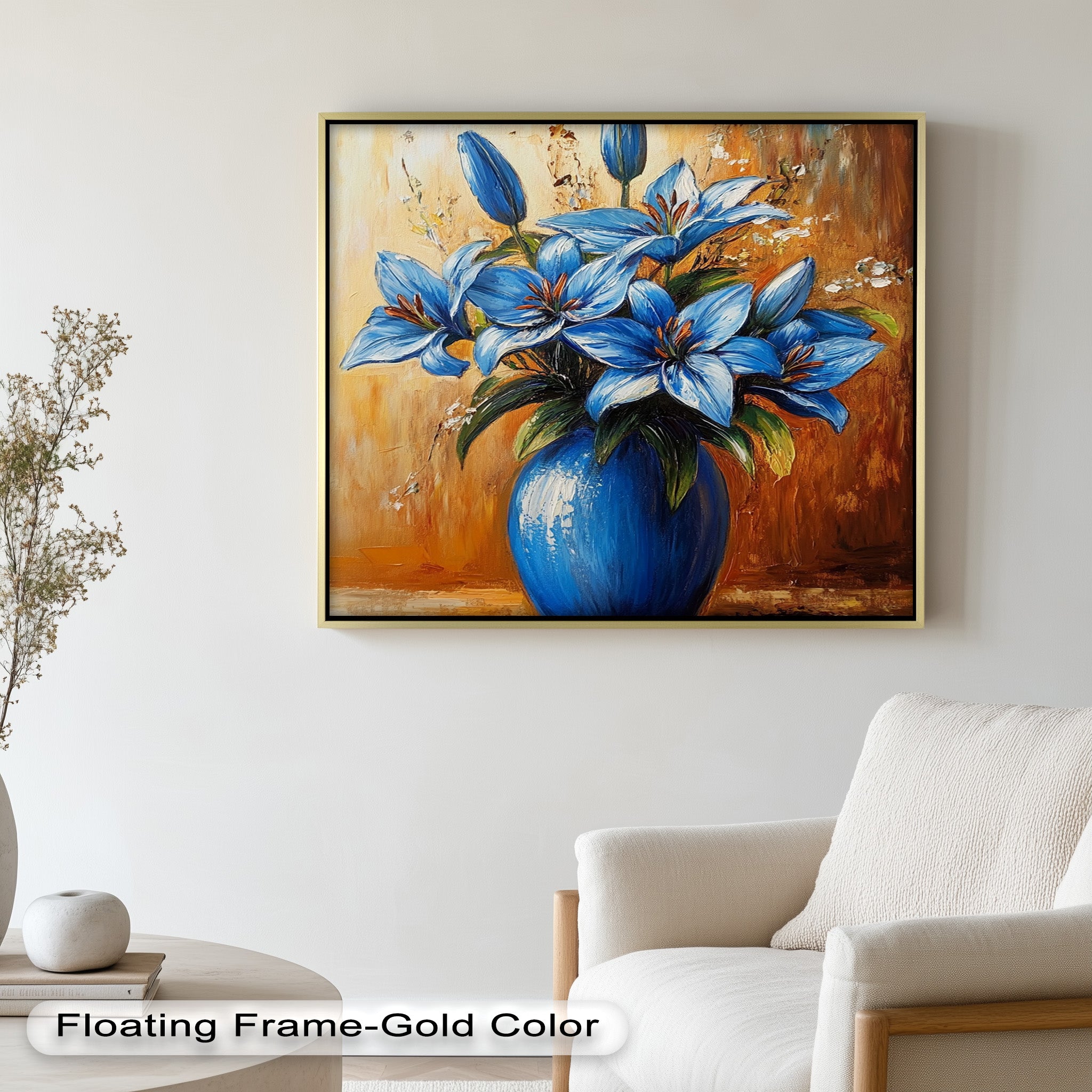 Azure Blossoms in Blue Vase - Hand-Painted Floral Oil Canvas Artwork for Living Room Decor | Wall Art for Home & Office