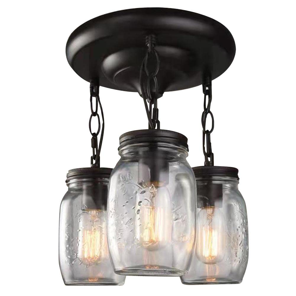 Modern Black 3-Light Industrial Pendant Lighting with Clear Glass Mason Jars - Rustic Farmhouse Chandelier for Kitchen Island, Dining Room & Living Room - E26 Base - Perfect for Farmhouse Decor, Restaurant Lighting and Cozy Home Ambiance