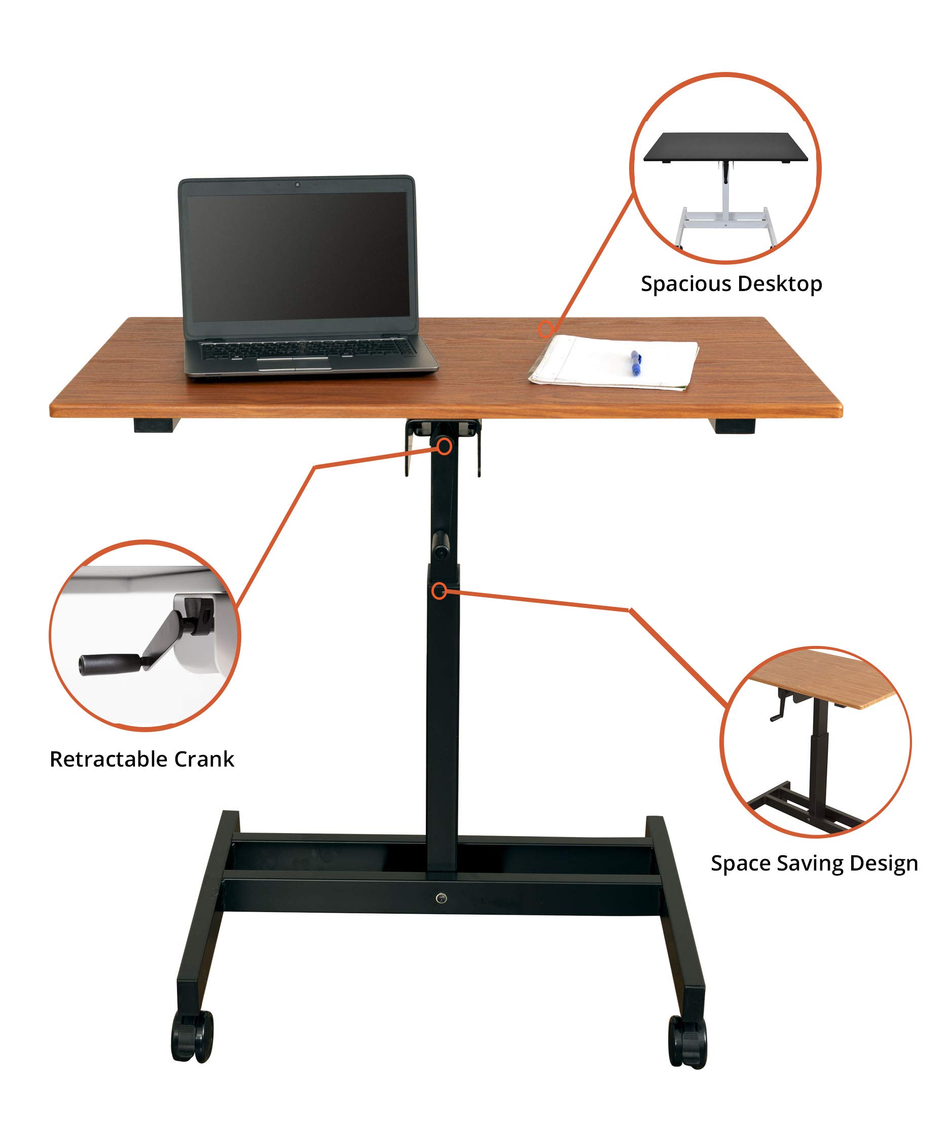 Adjustable Height Rolling Standing Desk with Crank - Single Column Mobile Workstation (Black Frame/Teak Top, 40