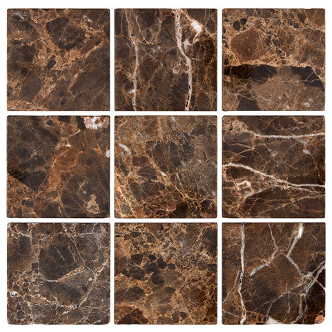 Emperador Dark Marble 4x4 Subway Tile - Polished or Tumbled Finish for Kitchen Backsplash, Bathroom Walls & Shower Surrounds