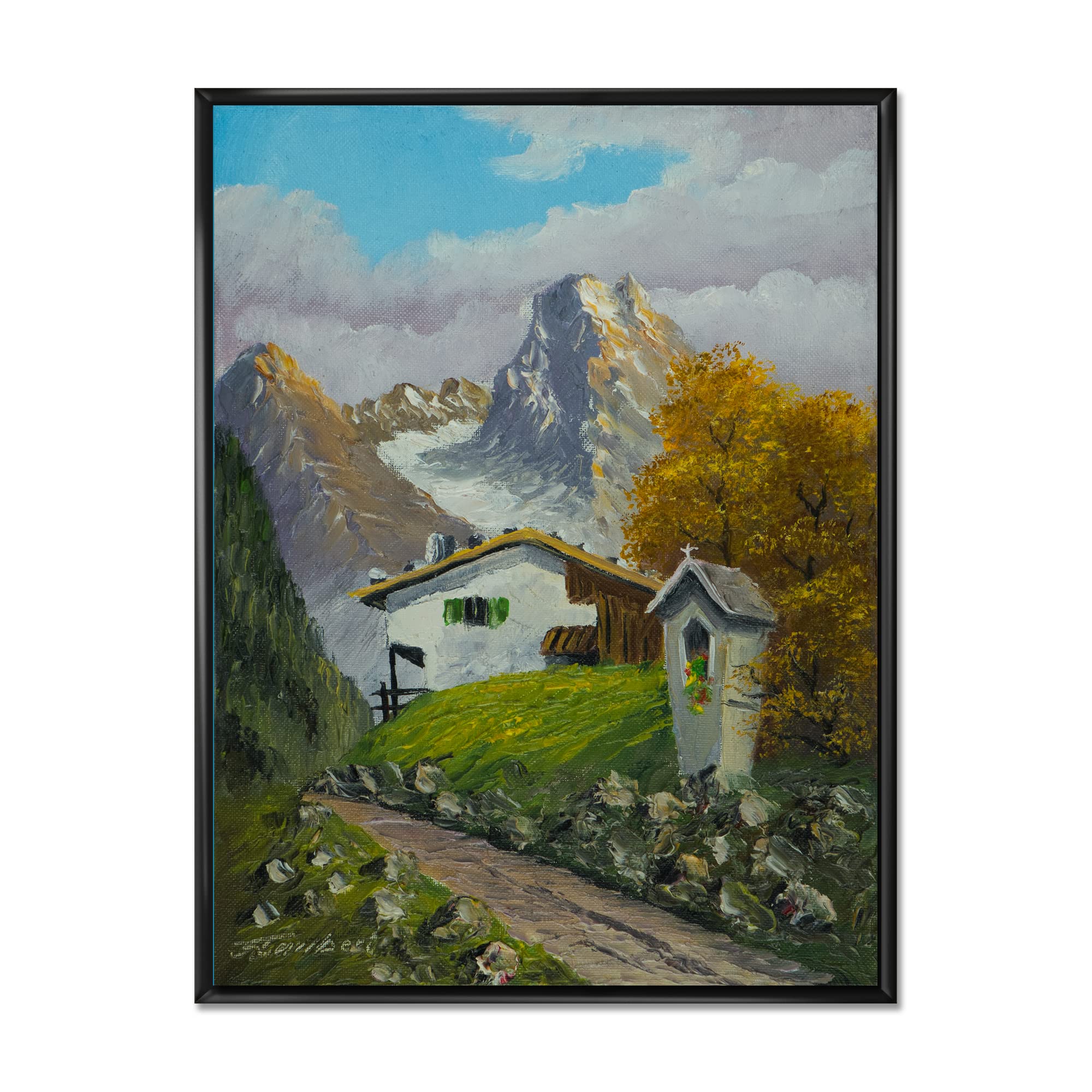 Farmhouse Framed Canvas Wall Art Print - DesignQ Wayside Shrine Landscape Painting for Home & Office Decor | Perfect for Living Room, Bedroom, Entryway