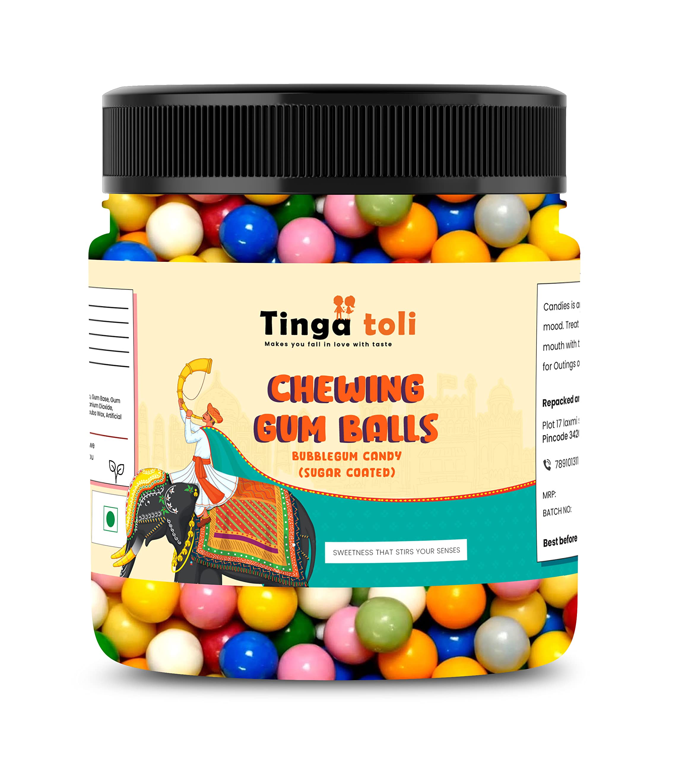 TINGA TOLI Sugar Coated Chewing Gum Balls - Assorted Bubble Gum Flavors Candy (100g Jar Pack) - Perfect for Parties, Gifts & Office Snacks