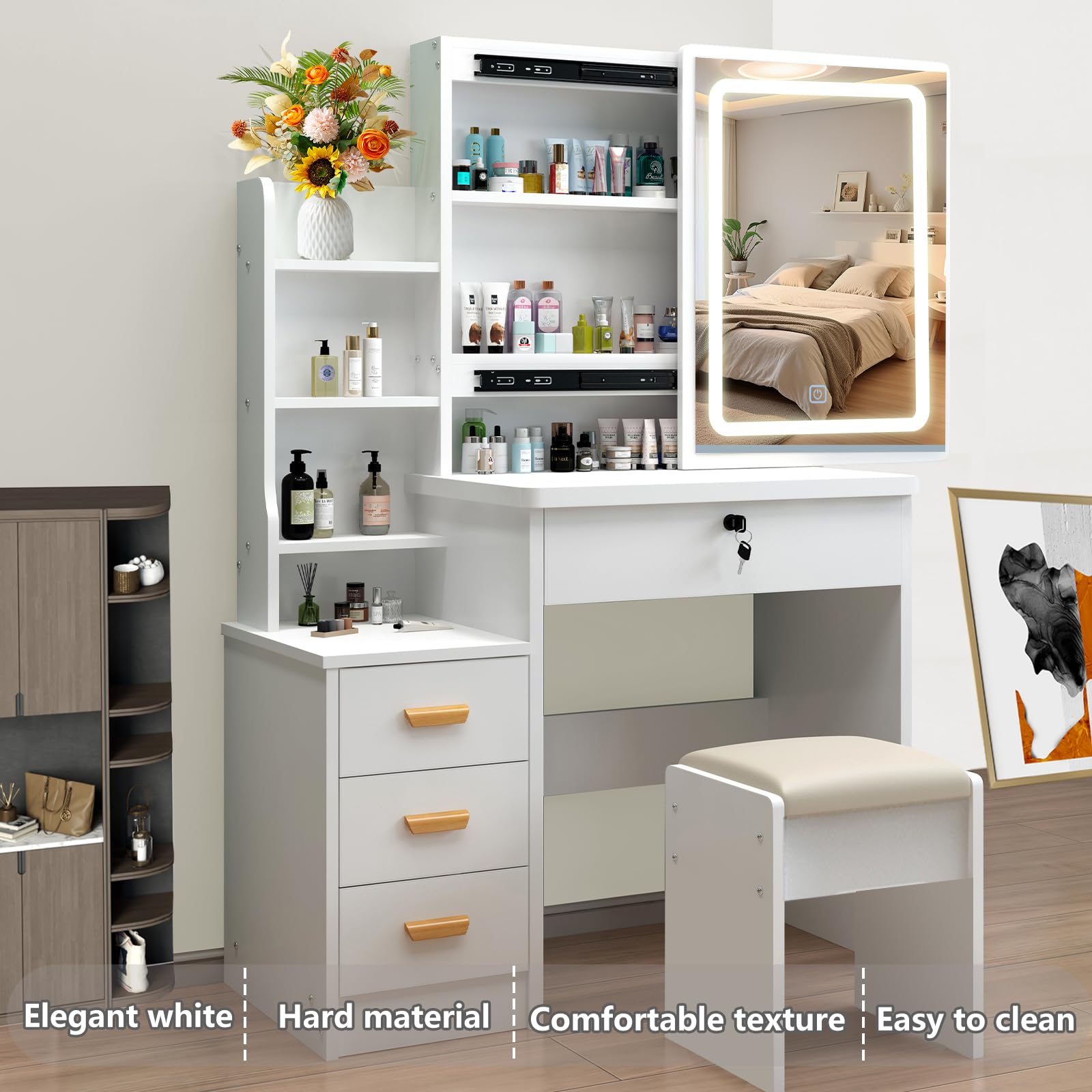 European Style Vanity Desk with Mirror and LED Lights - 3 Lighting Modes, Dressing Table with Drawers & Open Storage Shelves, White Makeup Vanity for Bedroom | Perfect Gift for Women & Girls, Ideal for Daily Beauty Routine and Home Decor
