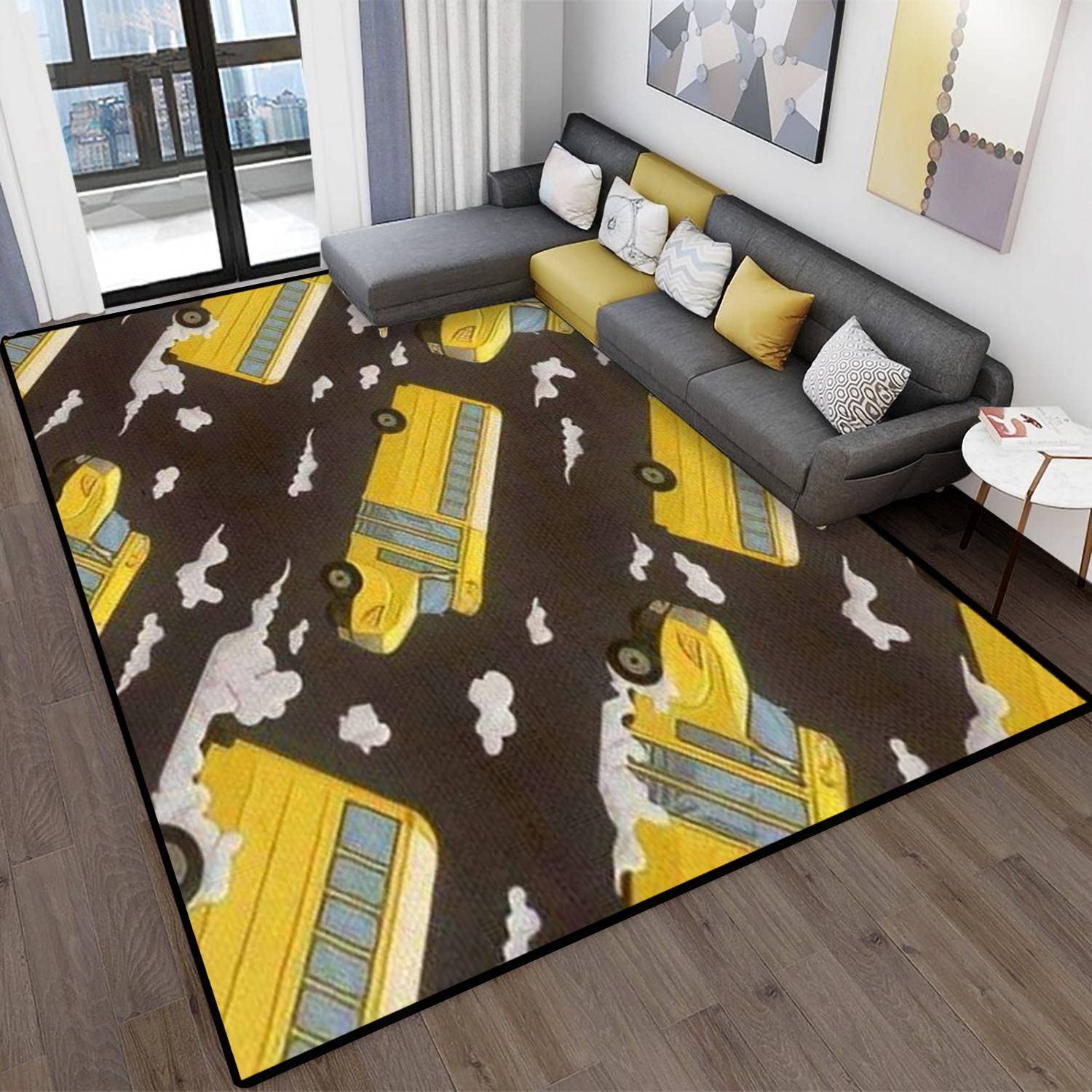 5'×8' Non-Slip School Bus Pattern Area Rug - Soft Seamless Indoor/Outdoor Carpet for Living Room, Bedroom, Dorm Decor | Perfect for Kids' Rooms, Play Areas & Themed Spaces