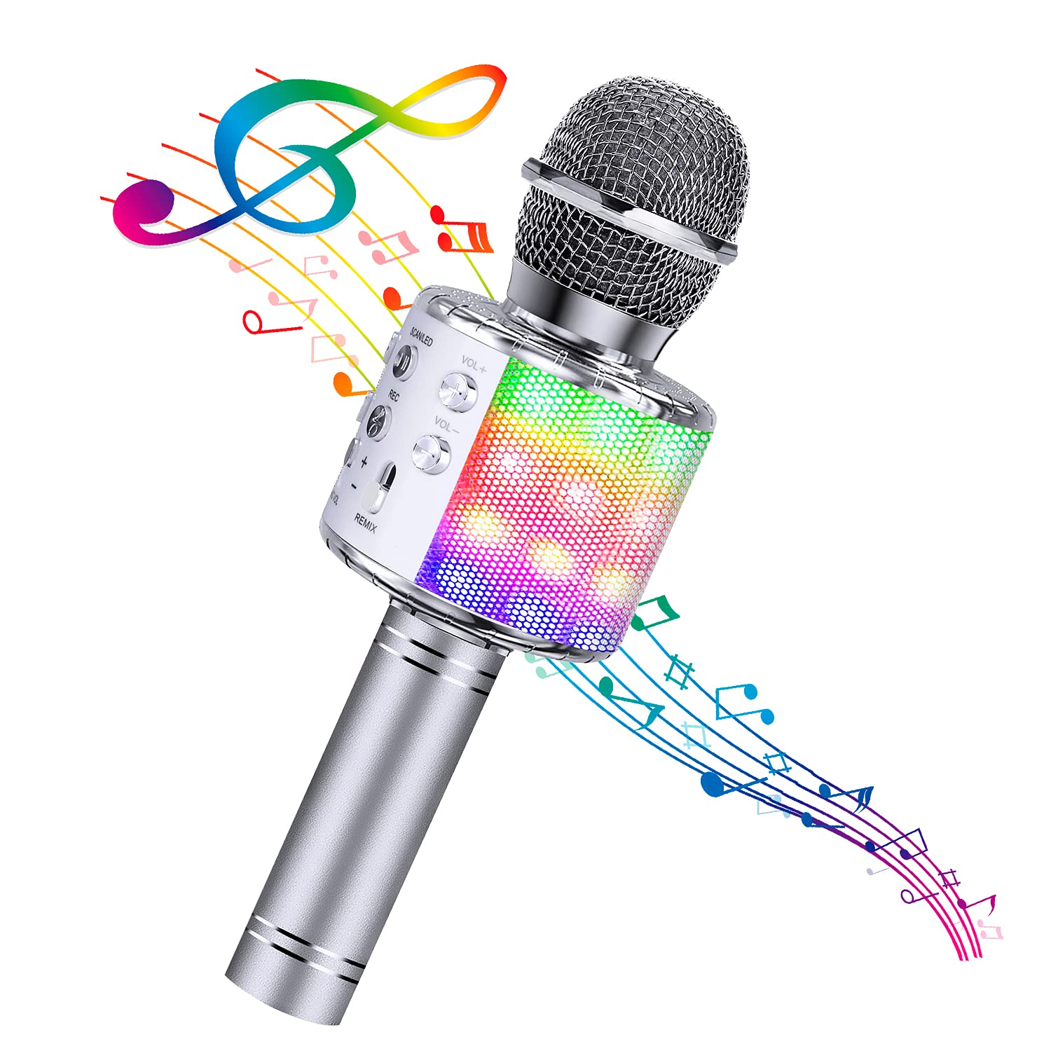 4-in-1 Wireless Karaoke Microphone with LED Lights - Portable Bluetooth Mic for Kids & Adults - Perfect Gift for Boys, Girls & Music Lovers (Silver) - Ideal for Home Singing, Parties & Travel Entertainment