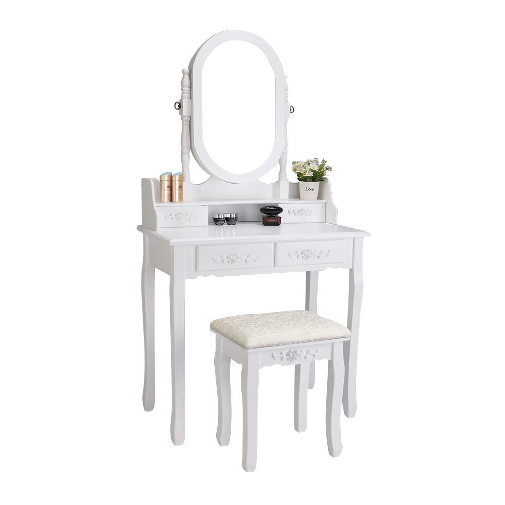 Bonnlo Modern White Vanity Set with 4 Drawers & Jewelry Organizer - Makeup Dressing Table with Cushioned Stool for Bedroom, Bathroom or Dorm Room | Perfect for Cosmetics Storage & Beauty Routine