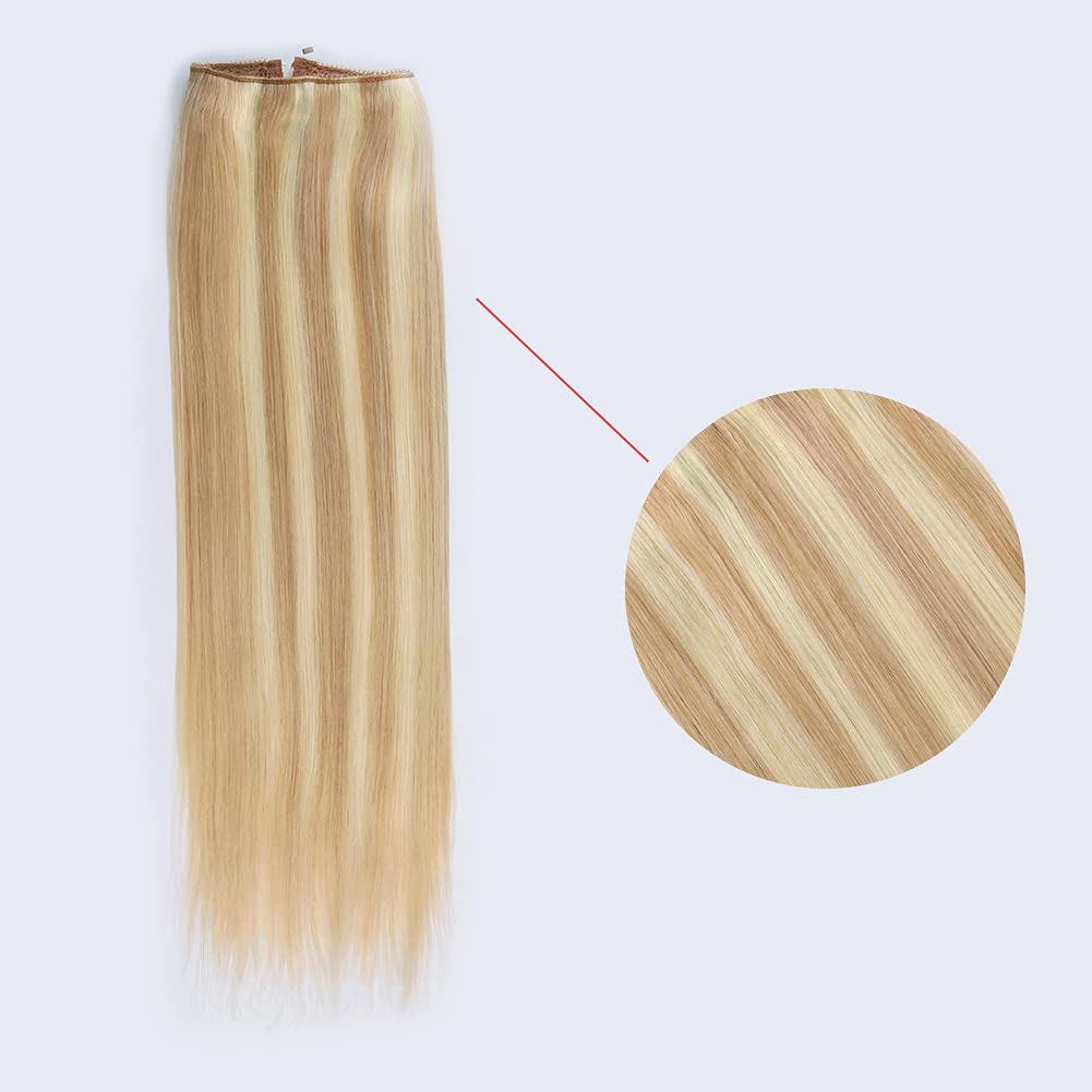 Sassina Invisible Wire Hair Extensions - 18 Inch Real Human Hair with Transparent Wire, Adjustable Size & Secure Clips - Natural Straight Secret Miracle Hairpiece (110g, #P18/613) for Weddings, Parties & Daily Styling
