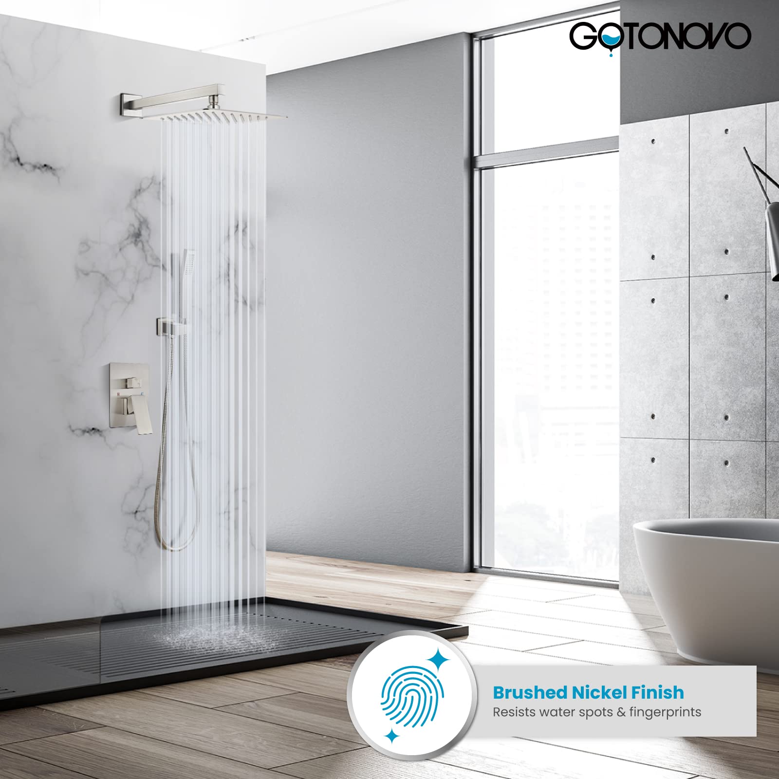 Gotonovo Rainfall Shower System - 10 Inch Square Shower Head with Handheld Spray & High Pressure Valve - Brushed Nickel Bathroom Faucet Set for Luxury Spa Experience at Home