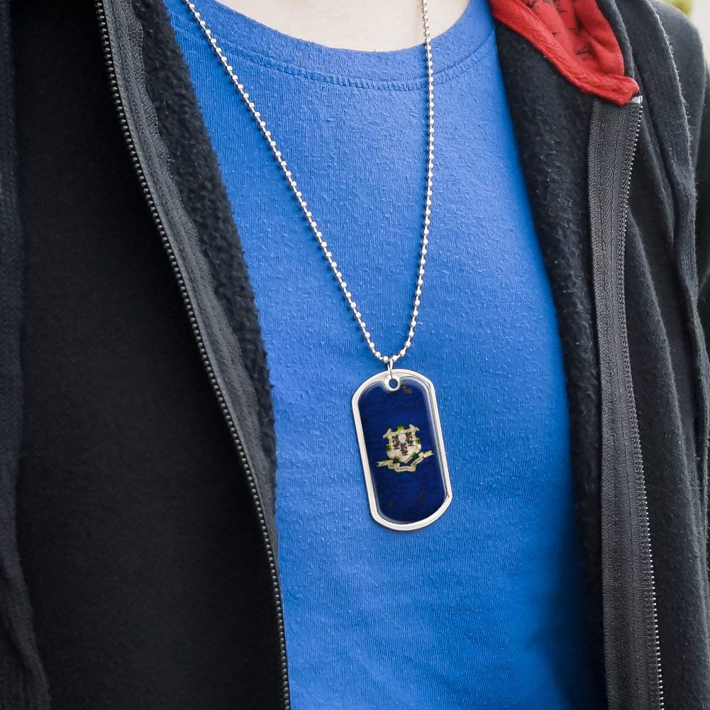 Vintage Rustic Connecticut State Flag Dog Tag Pendant Necklace - Distressed USA Military Style Jewelry with Chain - Perfect for Patriotic Gifts & Outdoor Adventures