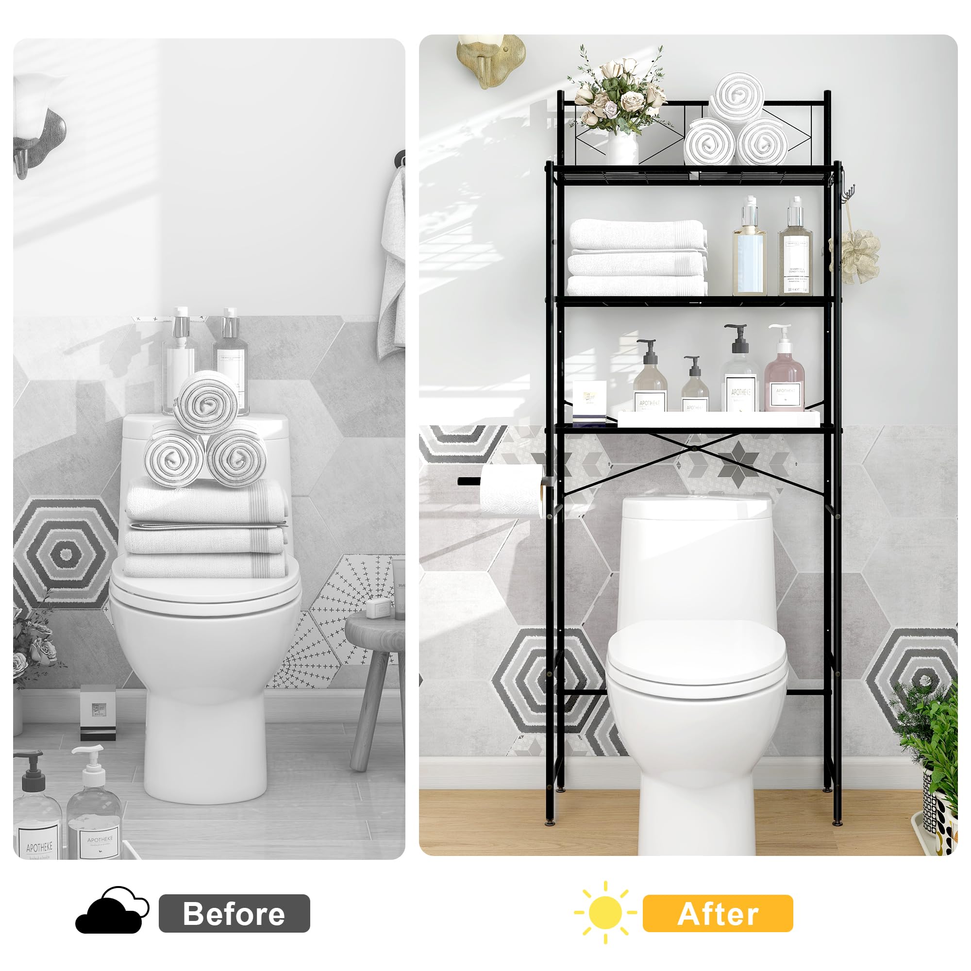 3-Tier Over The Toilet Storage Shelf Organizer - X-Shaped Bar Freestanding Bathroom Space Saver | Perfect for Small Bathrooms, Apartments & Dorm Rooms | Black