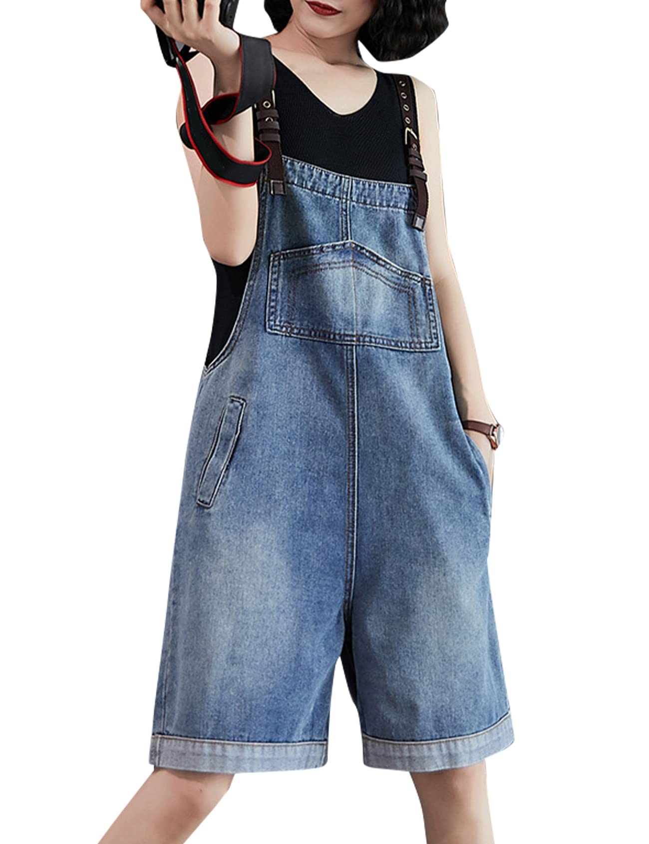 **Women's Distressed Denim Bib Overalls - Baggy Jean Shorts with Roll-Up Cuffs, Casual Loose Fit Romper for Summer Outings & Street Style**