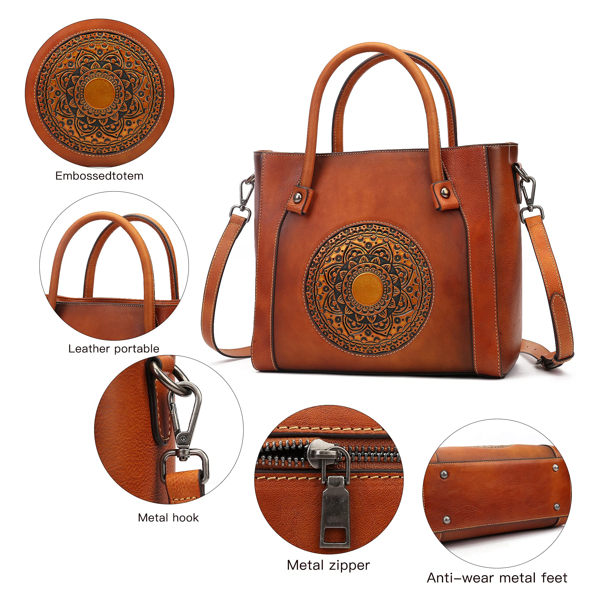 Genuine Leather Handbag for Women - Retro Embossed Mandala Designer Purse, Handmade Italian Leather Tote Bag - Perfect for Work, Travel & Everyday Use