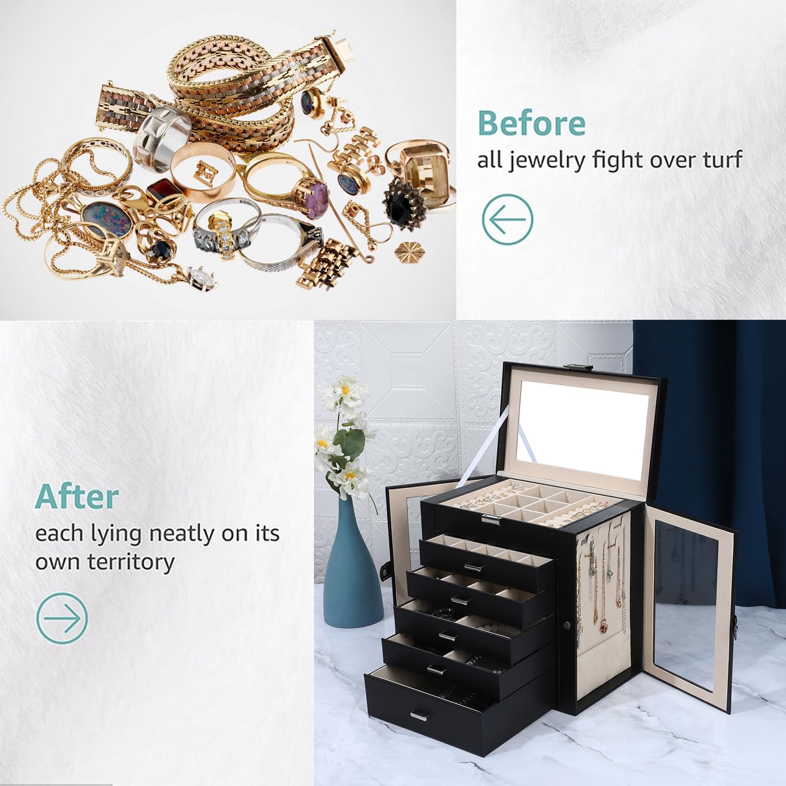 BOOVO 6-Layer Large Jewelry Organizer Box with Mirror & Lock - Multi-Function Storage Case for Women - 5 Drawers Accessory Holder for Earrings, Necklaces, Rings & Bracelets (Clear Black) - Perfect for Bedroom, Vanity & Travel Organization
