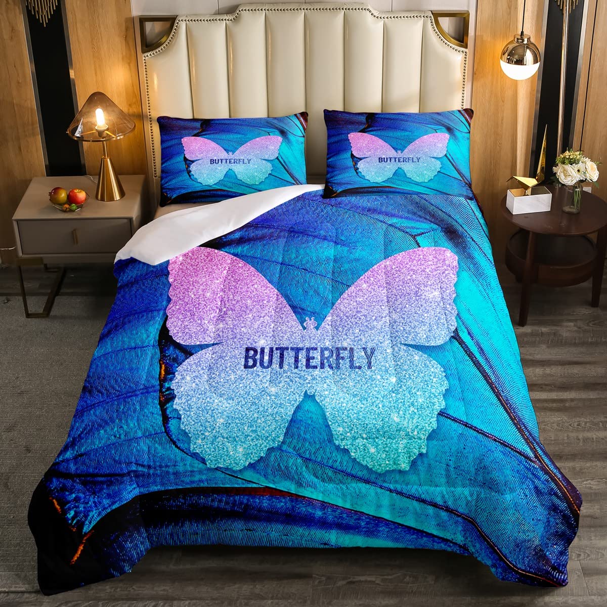 **Glitter Butterfly Twin Size Comforter Set - Blue Wings Texture Print Duvet & Quilt Set for Kids & Teens - Soft Microfiber Bedding with Girly Animal Silhouette - 2-Piece Set for Boys & Girls Bedroom Decor**    *(Perfect for Kids' Bedrooms, Sleepovers, Themed Rooms & Cozy Comfort at Home!)*