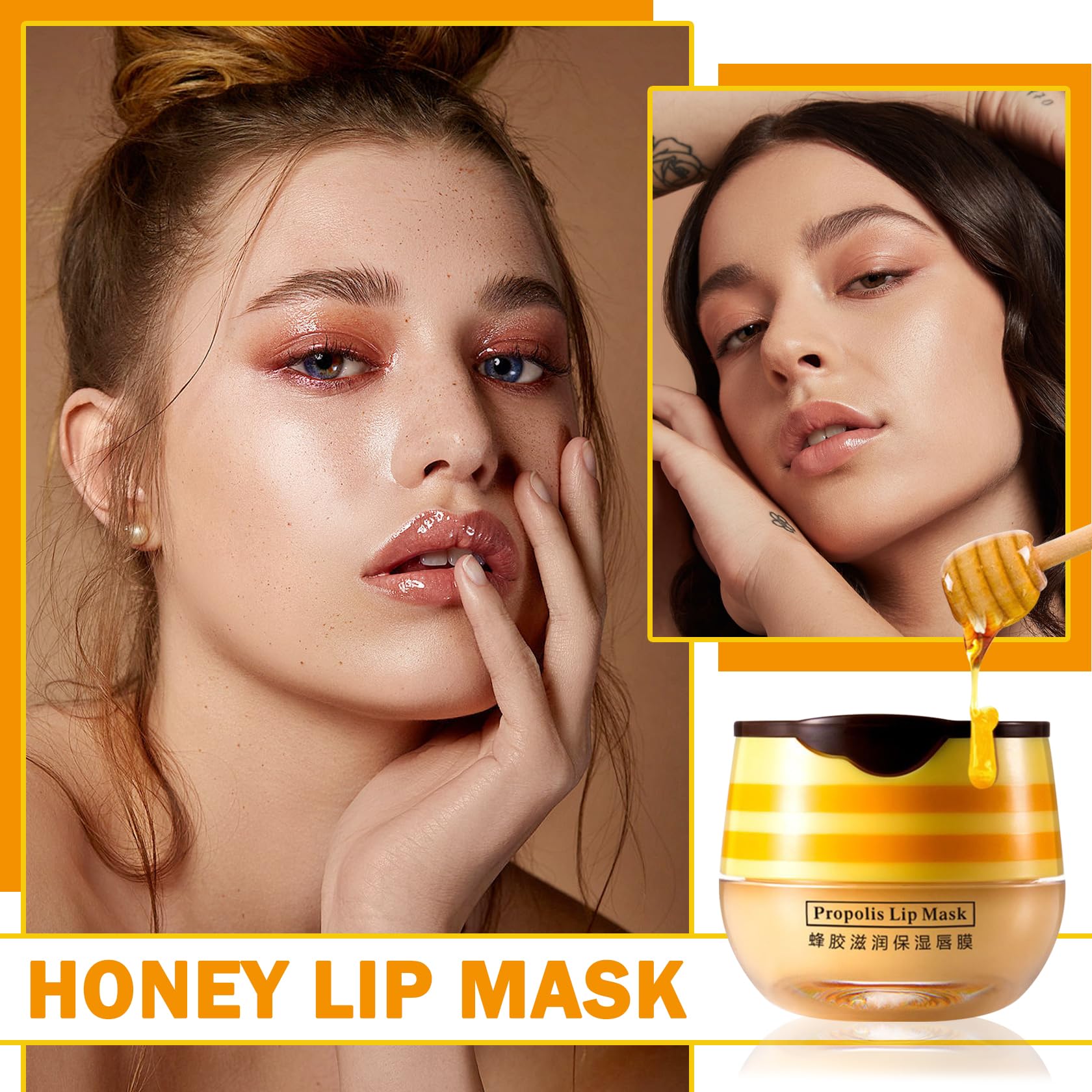 Honey Propolis Lip Balm for Dry & Cracked Lips - Moisturizing Lip Treatment with Hydrating Formula to Reduce Lip Lines & Exfoliate - Includes Lip Brush for Overnight Sleeping Mask | Perfect for Winter Care & Daily Lip Hydration
