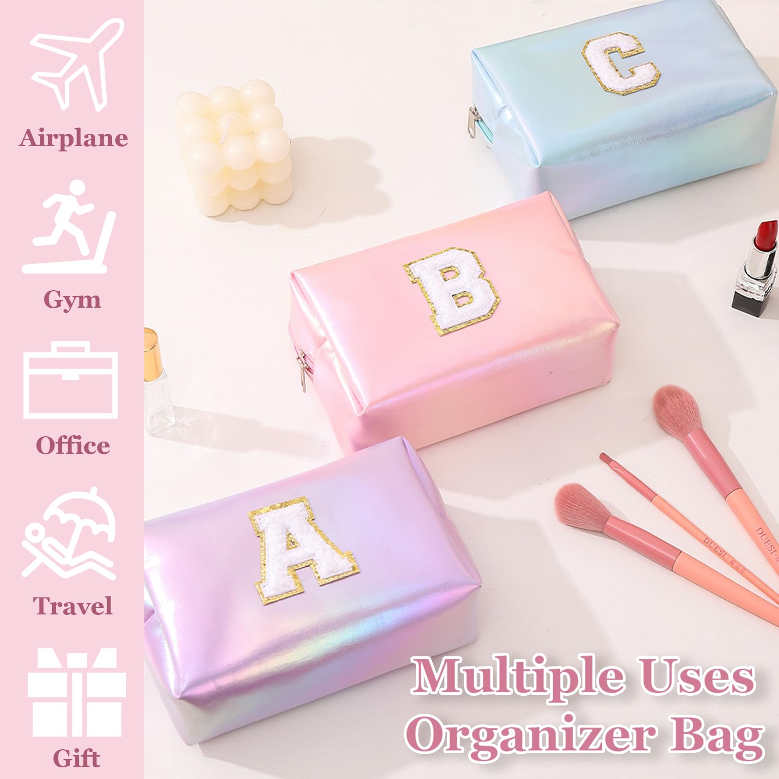 Personalized Initial Makeup Bag Letter A - Glitter Waterproof Cosmetic Pouch for Women, Cute Travel Makeup Organizer, Preppy Gift for Mother's Day, Birthday, Bridesmaids | Perfect for Travel, Gym, Daily Beauty Essentials
