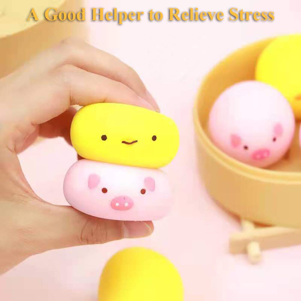 3 Pack Piggy Steamed Bun Stress Relief Toys - Soft Elastic Simulation Food Squeeze Toys for Adults & Kids - Fun Prank Gifts & Anxiety Relief - Includes Mini Steamer for Office, Classroom & Home Decompression