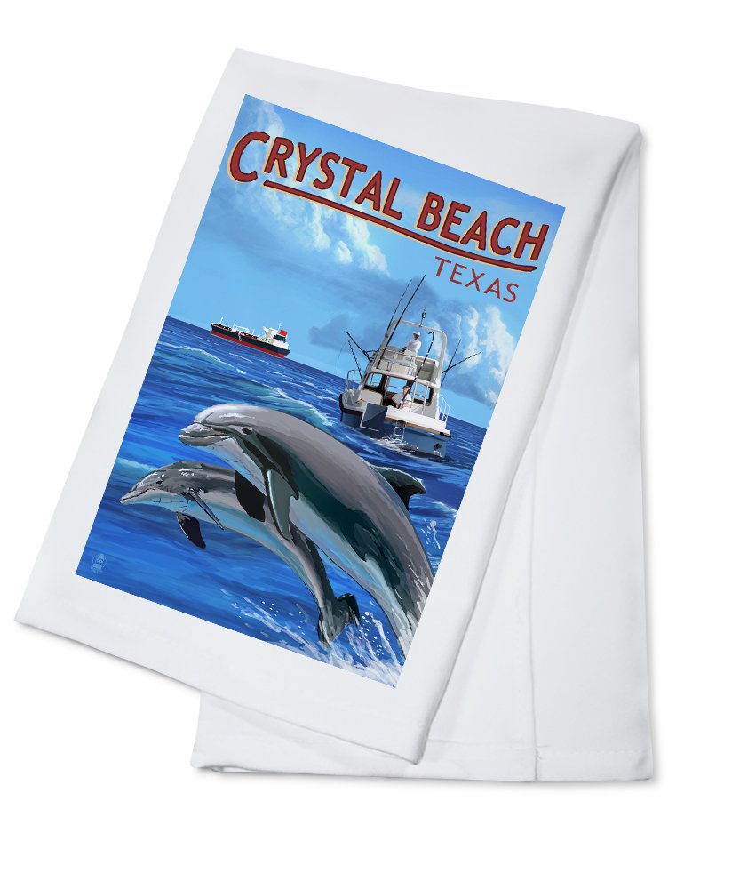 Crystal Beach Texas Fishing Boat with Freighter and Dolphins Cotton Tea Towel - Decorative Hand Towel for Kitchen, Bathroom & Home Decor | Perfect for Dish Drying, Gift Giving and Coastal Themed Decor