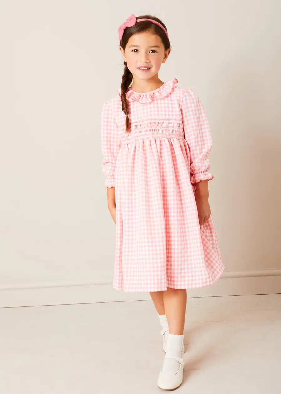 Gingham Smocked Ruffle Collar Long Sleeve Dress for Girls (12 Months - 10 Years) | Coral Floral Print | Perfect for Spring Photoshoots, Easter & Birthday Parties