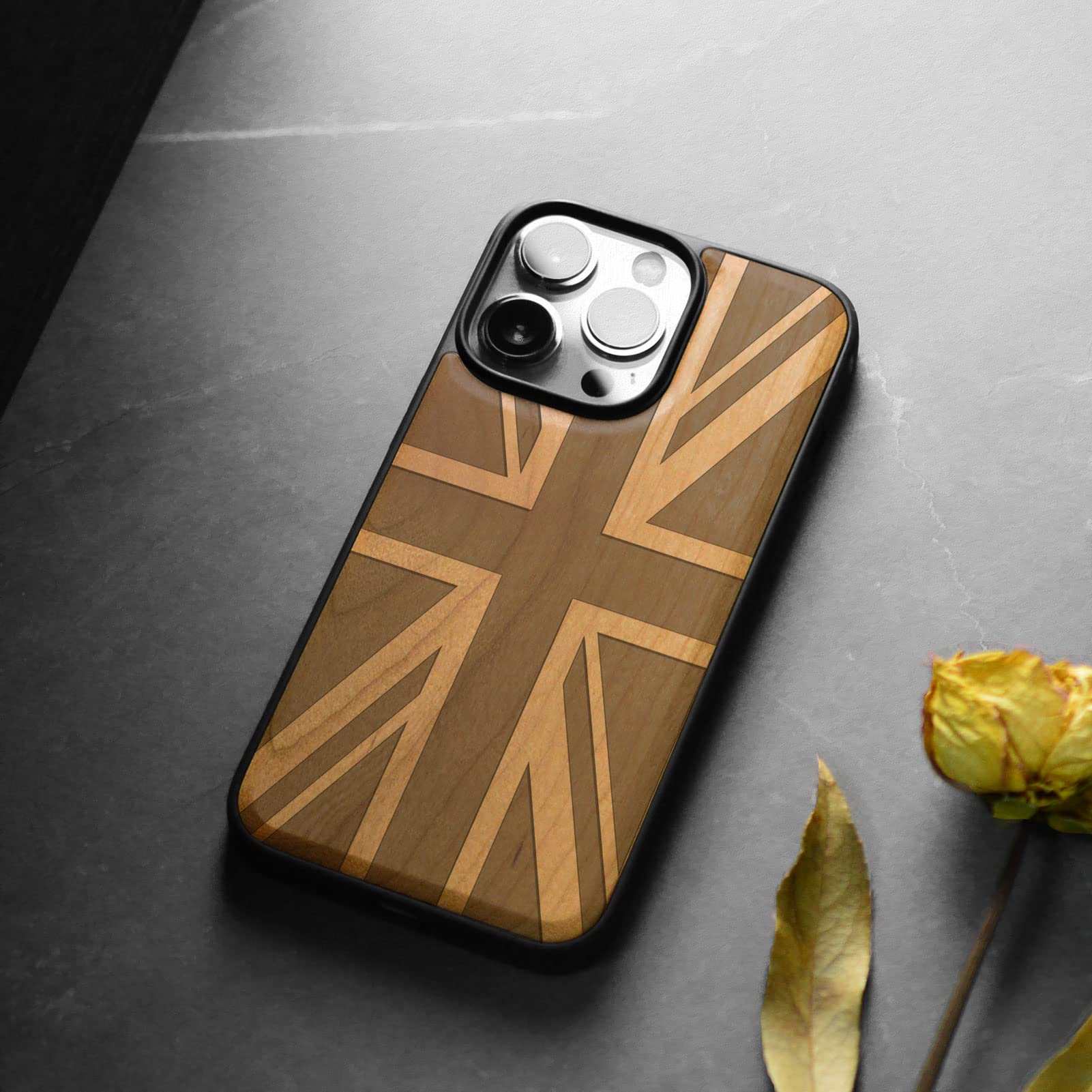 Carveit Magnetic Wooden Case for iPhone 14 Pro Max - Natural Wood & Black TPU Shockproof Protective Cover with Magsafe Compatibility | British Flag Cherry Design | Perfect for Outdoor Adventures & Business Meetings