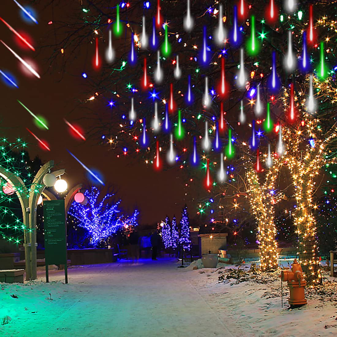 Outdoor Christmas Lights - 12 Inch Dripping Icicle LED Snowfall Lights with 8 Tubes, Shooting Star Waterfall Meteor Shower Rain Lights for Holiday Decorations (Multi-Color) | Perfect for Christmas Trees, Roofs, Windows, and New Year Party Decor