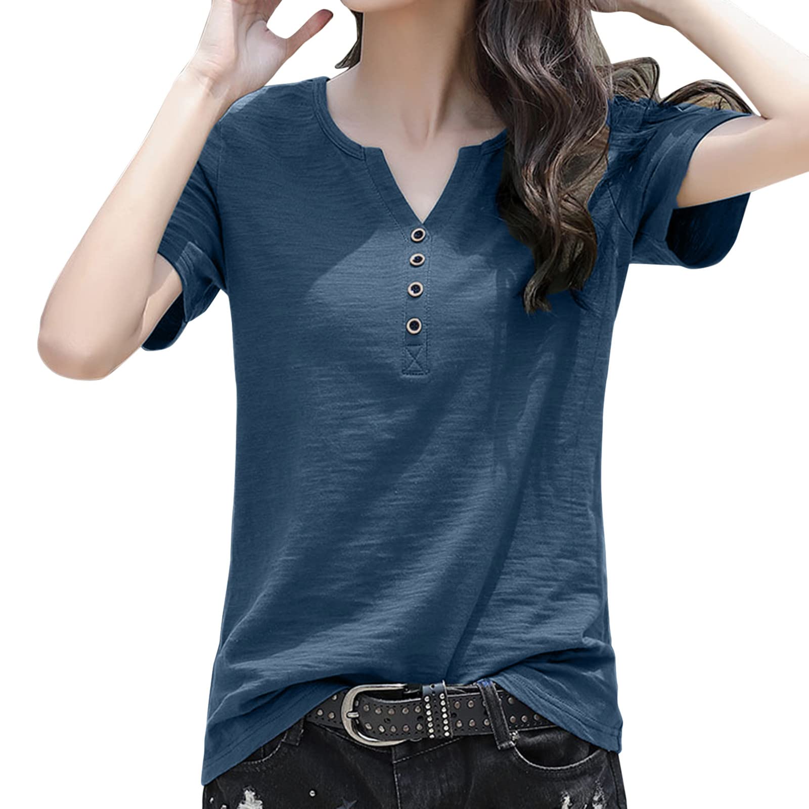 Women's Casual V-Neck Short Sleeve Button-Up T-Shirt - Slim Fit Tunic Top for Everyday Wear | Perfect for Office, Outings & Summer Outfits