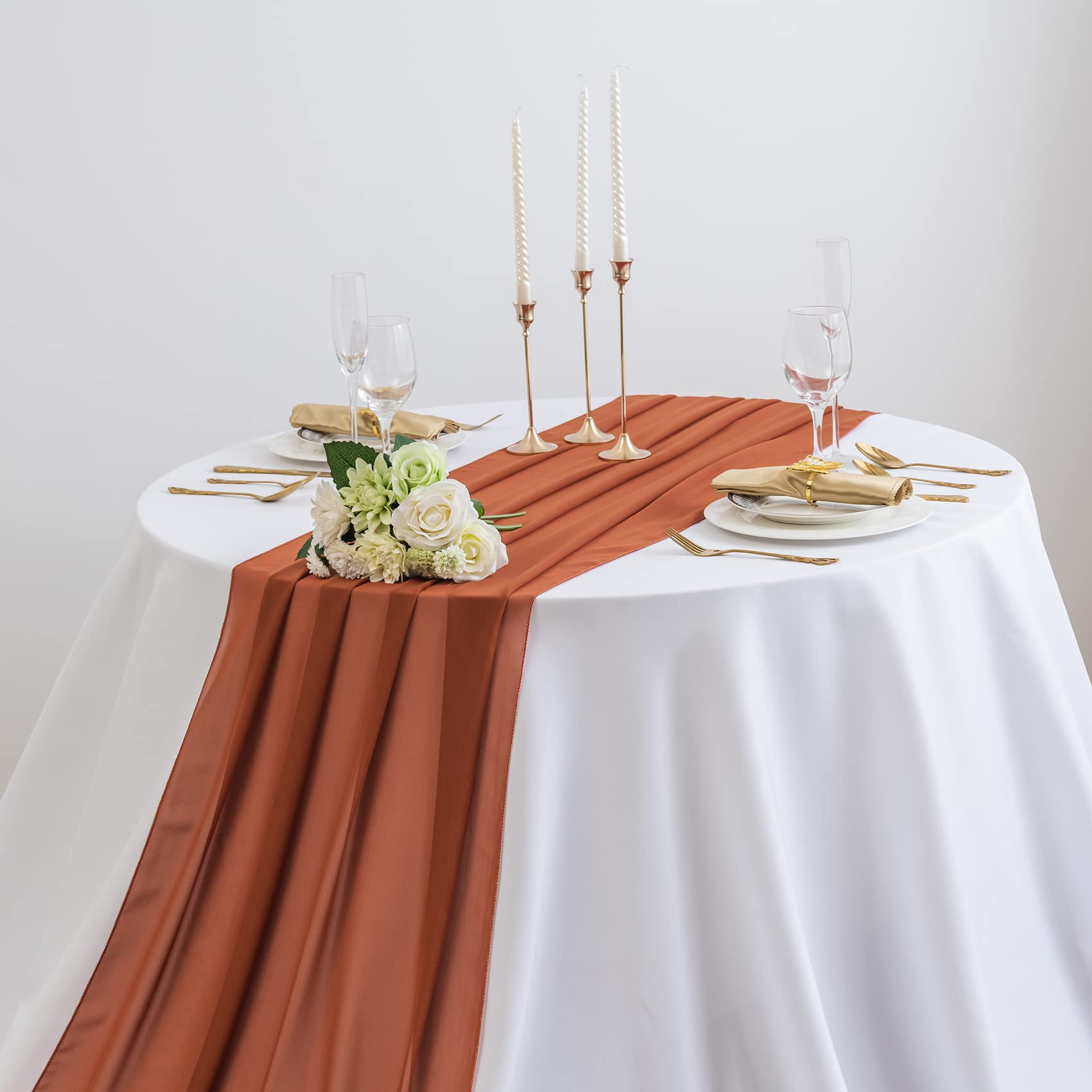 AILITI 1-Pack Chiffon Table Runner 29x120 Inches - Rustic Sheer Gauze Wedding Table Decor for Bridal Shower, Baby Shower, Birthday Party & Cake Table - Perfect for Romantic Events & Home Decor (Rust Color)