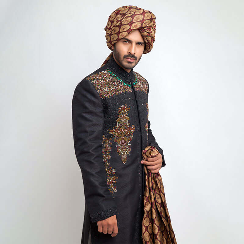 Luxury Jet Black Pure Jamavar Silk Sherwani for Men - Handcrafted Indian Wedding Attire with Perfect Fit | Ideal for Weddings, Festivals & Special Occasions
