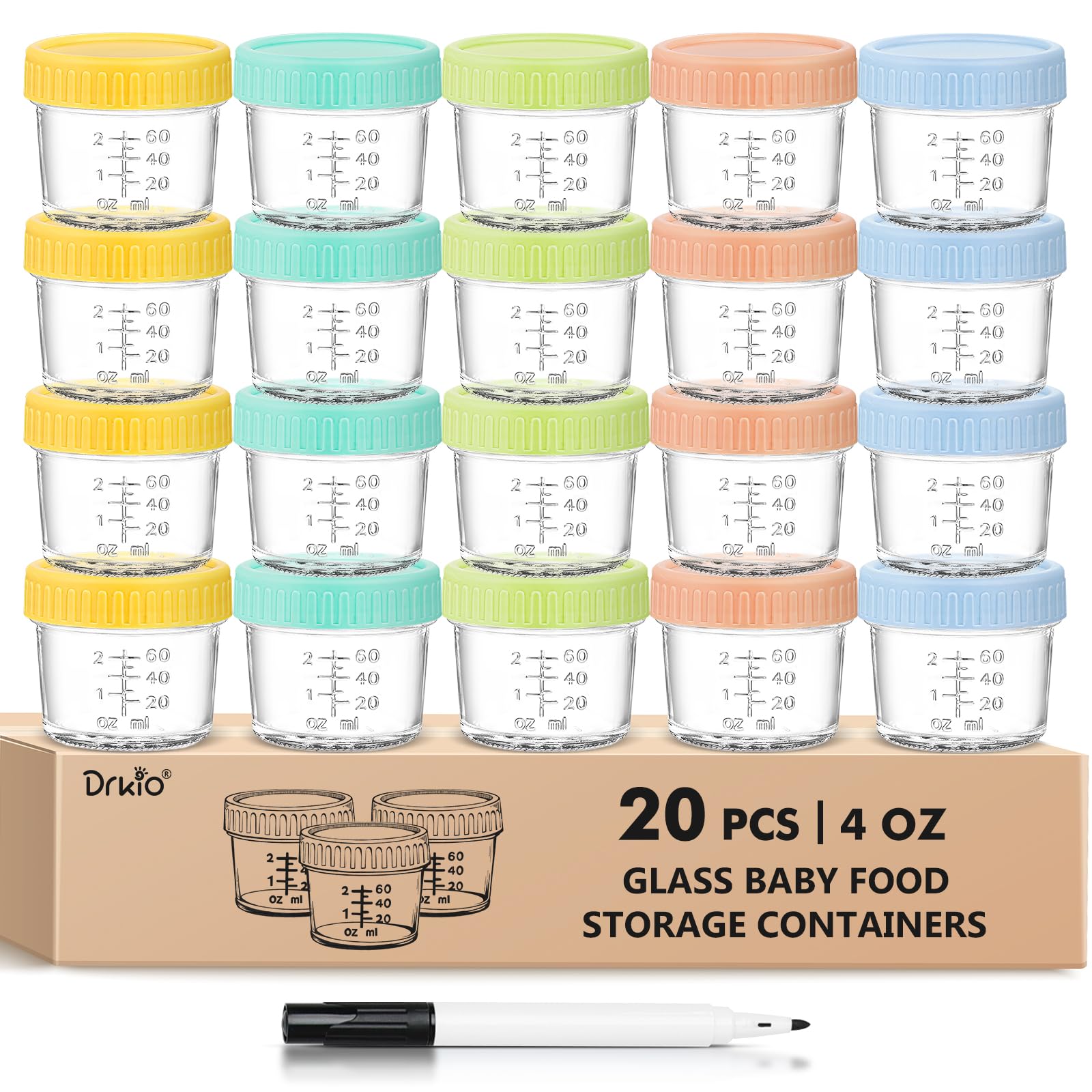 DRKIO 20-Pack 4oz Glass Baby Food Storage Containers with Lids - BPA Free, Microwave, Dishwasher & Freezer Safe, 100% Leak-Proof - Perfect for Homemade Baby Puree, Meal Prep, Snack Storage & On-the-Go Feeding