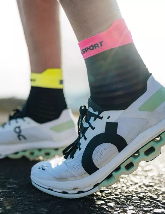 Compressport Unisex Pro Racing Socks v4.0 - Ultralight Running Socks for Men & Women - High Performance Athletic Socks for Marathon, Triathlon & Training - Black/Safe Yellow/Neo Pink